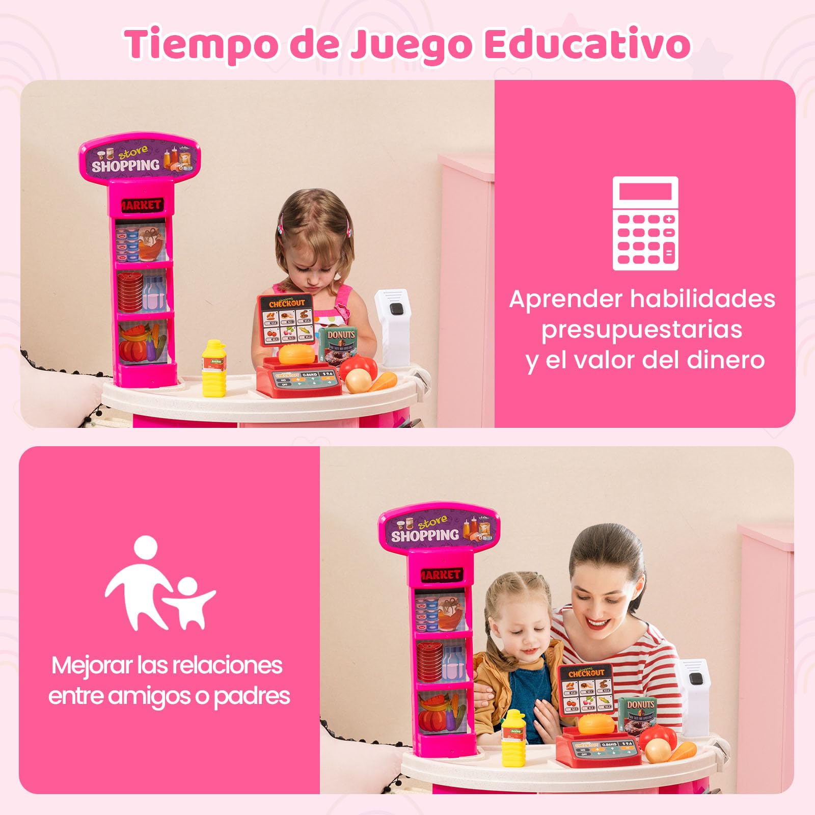 GOPLUS Supermercado para Niños con Mostrador, Carrito de Compras y Cesta, Balanza Simulada, Caja Registradora con Luz y Sonido, Supermercado de Juguete con 76 Accesorios para 3+ Años (Rosa)