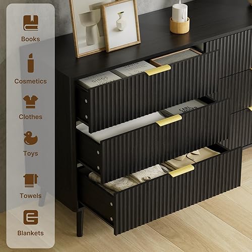 Miniatura 5 de LYNSOM Cómoda negra para dormitorio, cómoda de 6 cajones con asas de metal, cómoda de madera moderna para sala de estar, entrada y pasillo