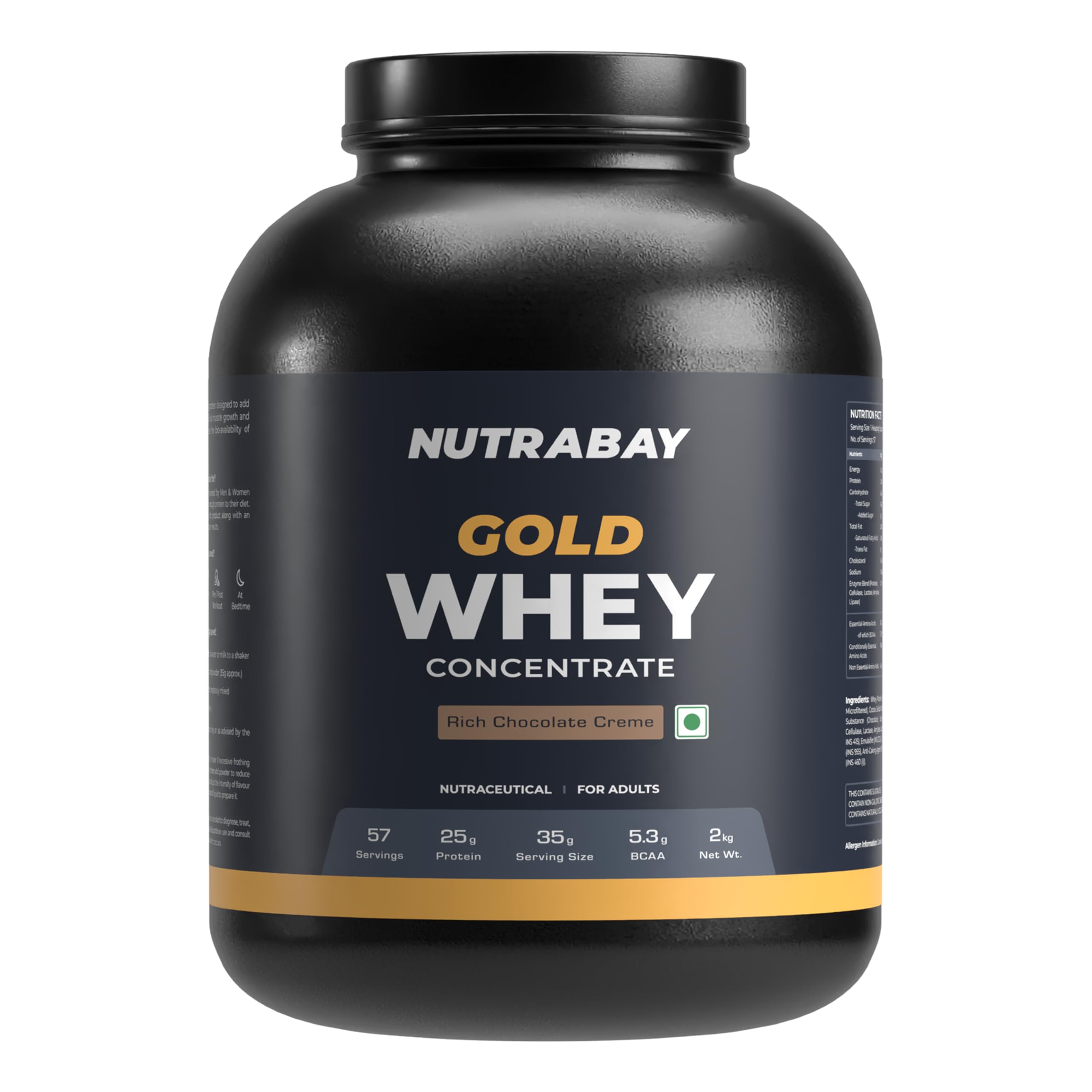 Nutrabay Gold 100% Whey Protein Concentrate with Digestive Enzymes - 25g Protein, 5.3g BCAA, 3.9g Glutamic Acid - 2Kg, Rich Chocolate Crème