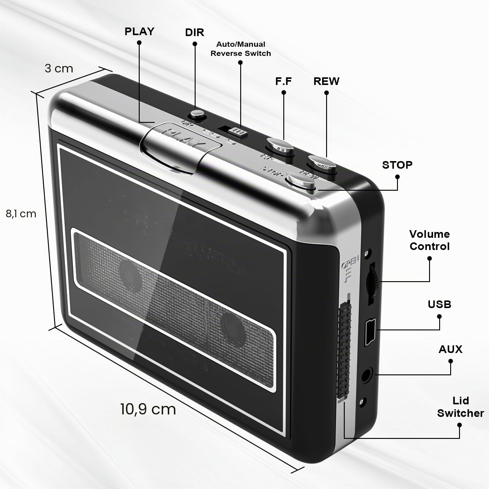Lettore di Cassette Portatile, Converte in MP3, Compatibile con Computer, Riavvolgimento Automatico, Registrazione Digitale