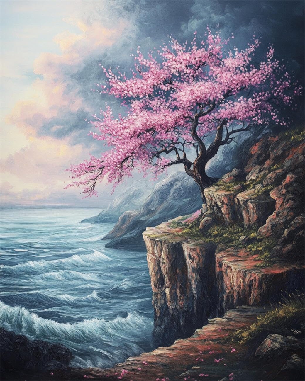 Diy Perlenstickerei Set Für Jugendliche Blühende Bäume Am Meer 50x70cm | Landschaft Kreuzstich-Set Mit Perlen,Gestempeltes Stickset Für Erwachsene,Wandkunst