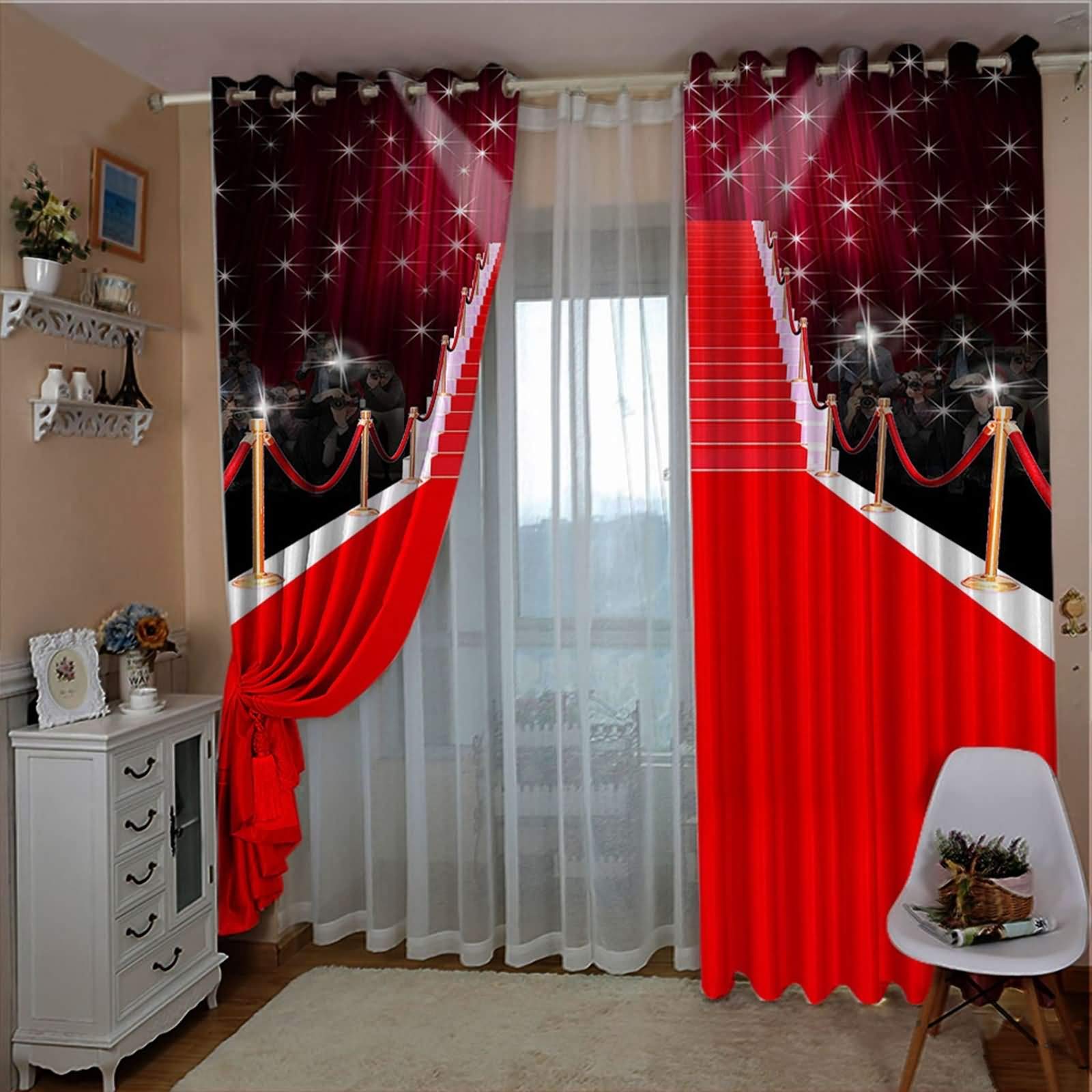 Vorhang Kinderzimmer Verdunklung 2er Set, Roter Teppich und Stufen Wohnzimmer Vorhänge Blickdicht Modern mit Ösen274x160CM