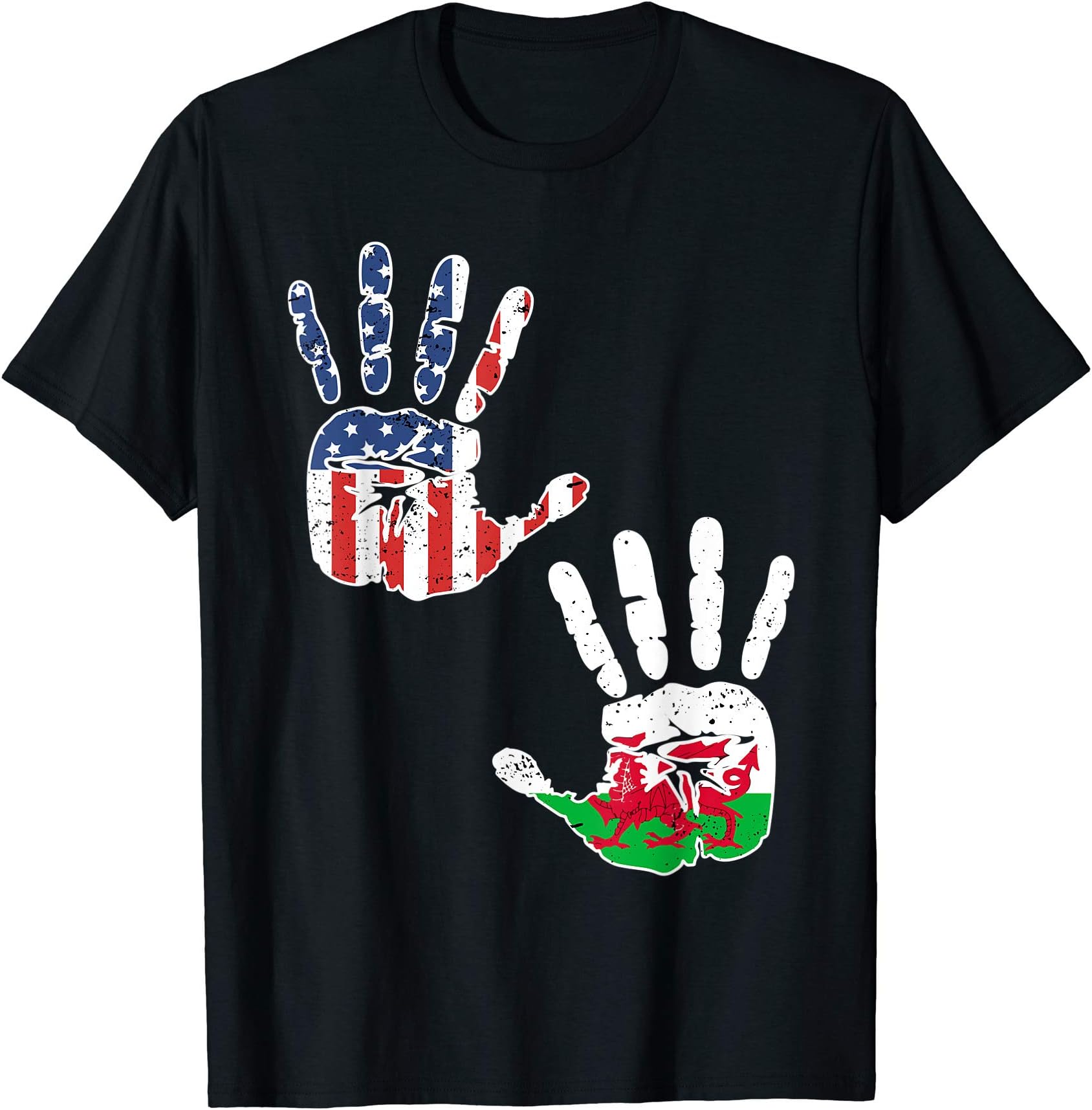 Biracial American Heritage ApparelUSA Wales Handprint & Flag | Proud Welsh American Heritage T-ShirtOEKO-TEX STANDARD 100