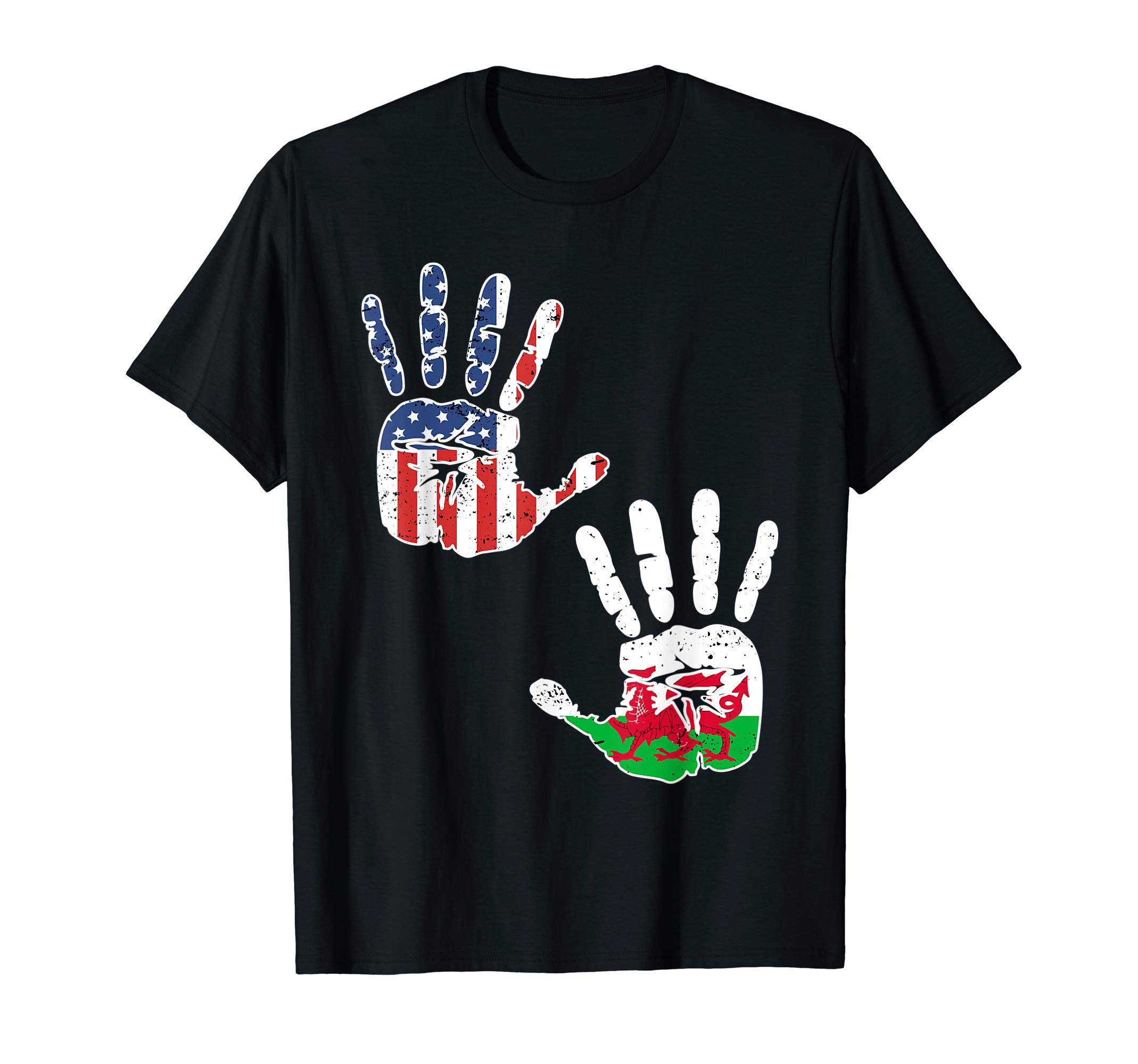 Biracial American Heritage ApparelUSA Wales Handprint & Flag | Proud Welsh American Heritage T-ShirtOEKO-TEX STANDARD 100