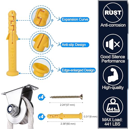Miniatura 22 de Rueda de polea ranurada para cuerda montada en la pared, 1 paquete de acero inoxidable súper silencioso, sistema de tirones de cable, tipo U