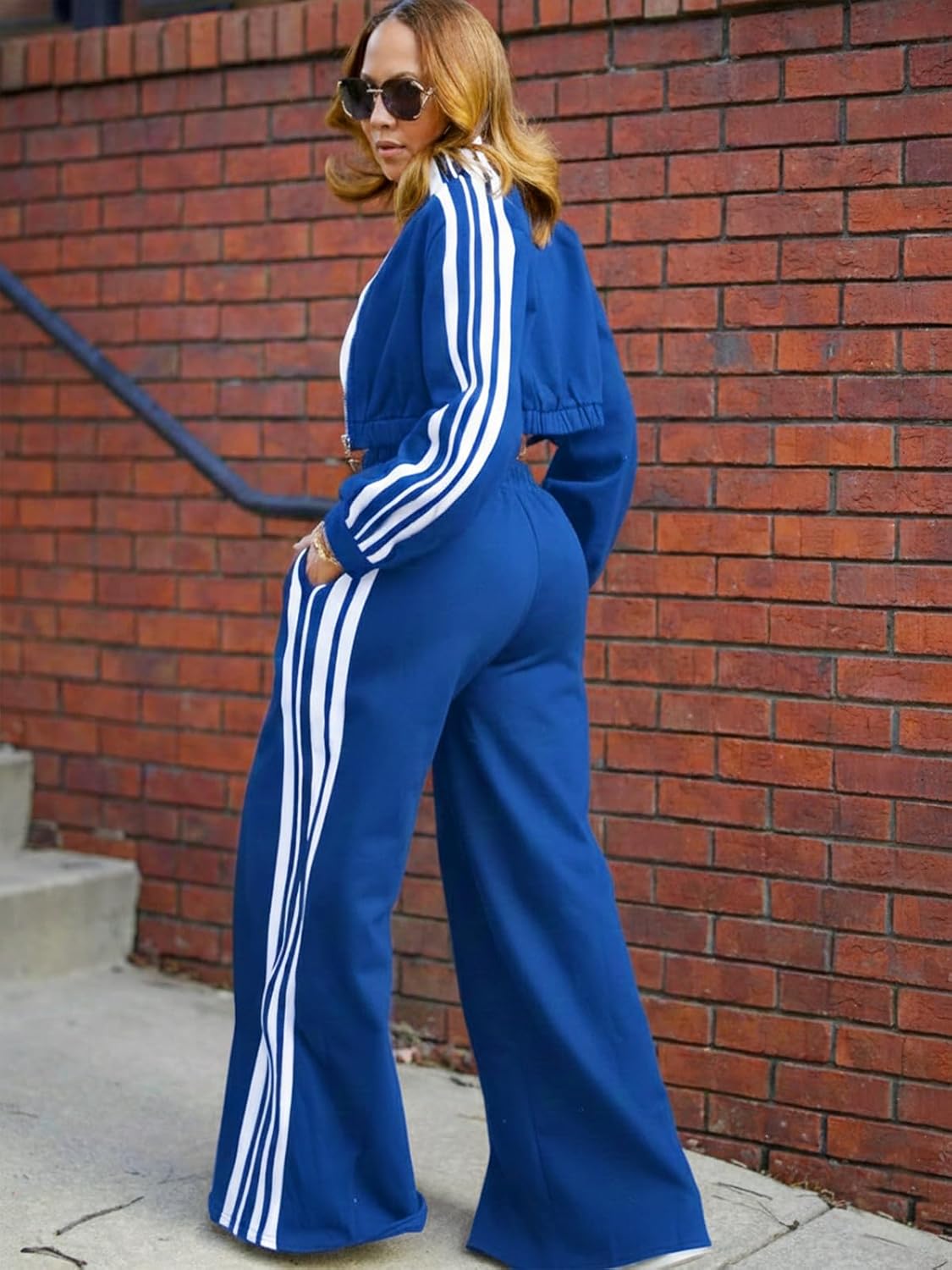 Akmipoem Sweatsuits Women 2 Piece Outfit Striped Tracksuit Long Sleeve Zipper Crop Sweatshirt Wide Leg Sweatpants Set - Image 3