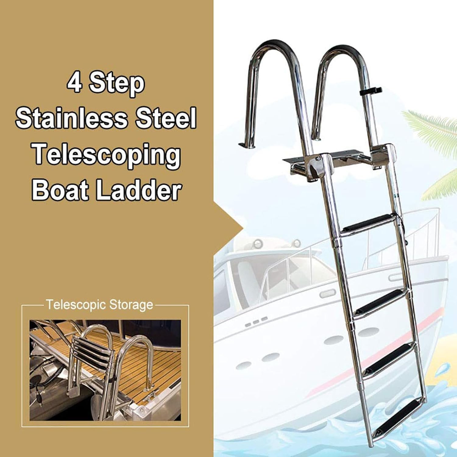 4 Steps Stainless Boat Ladder Folding Docking Ladder Dock Swim Step Ladder Swim Deck Ladder Rear Entry with Pool Swim Upper Platform & Extra Wide Step