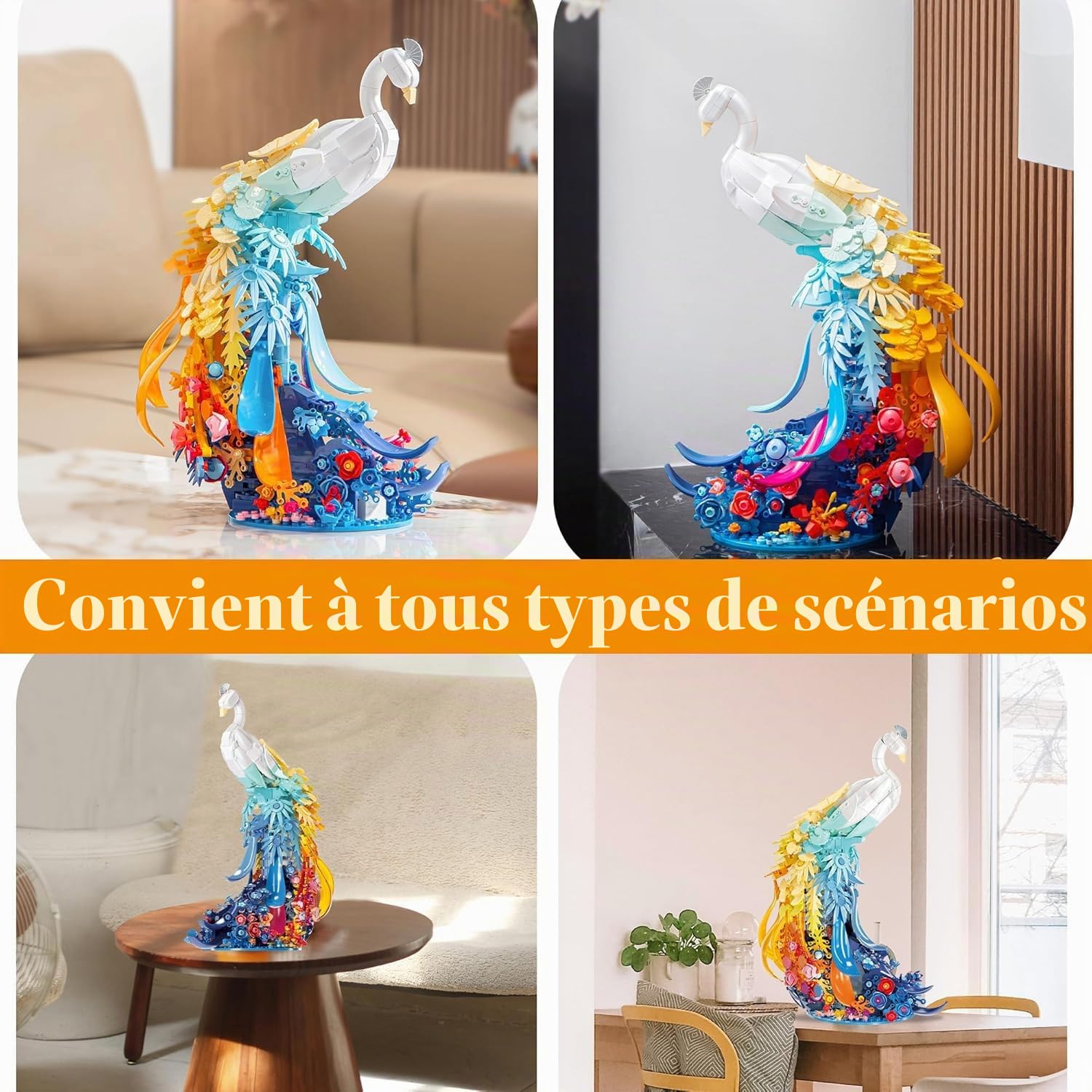 Figurines d'animaux de paon compatibles avec les célèbres marques, 901 pièces, paons, animaux, modèle avec fleurs, plumes de queue et lumière, cadeaux décoratifs créatifs pour adultes et jeunes