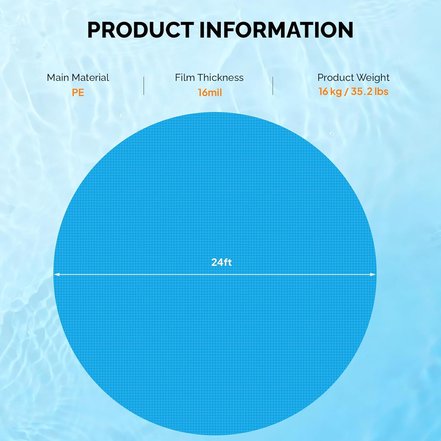 VINGLI 16 mil Solar Pool Cover for Inground and Above Ground Pools (Blue, 24' Round)