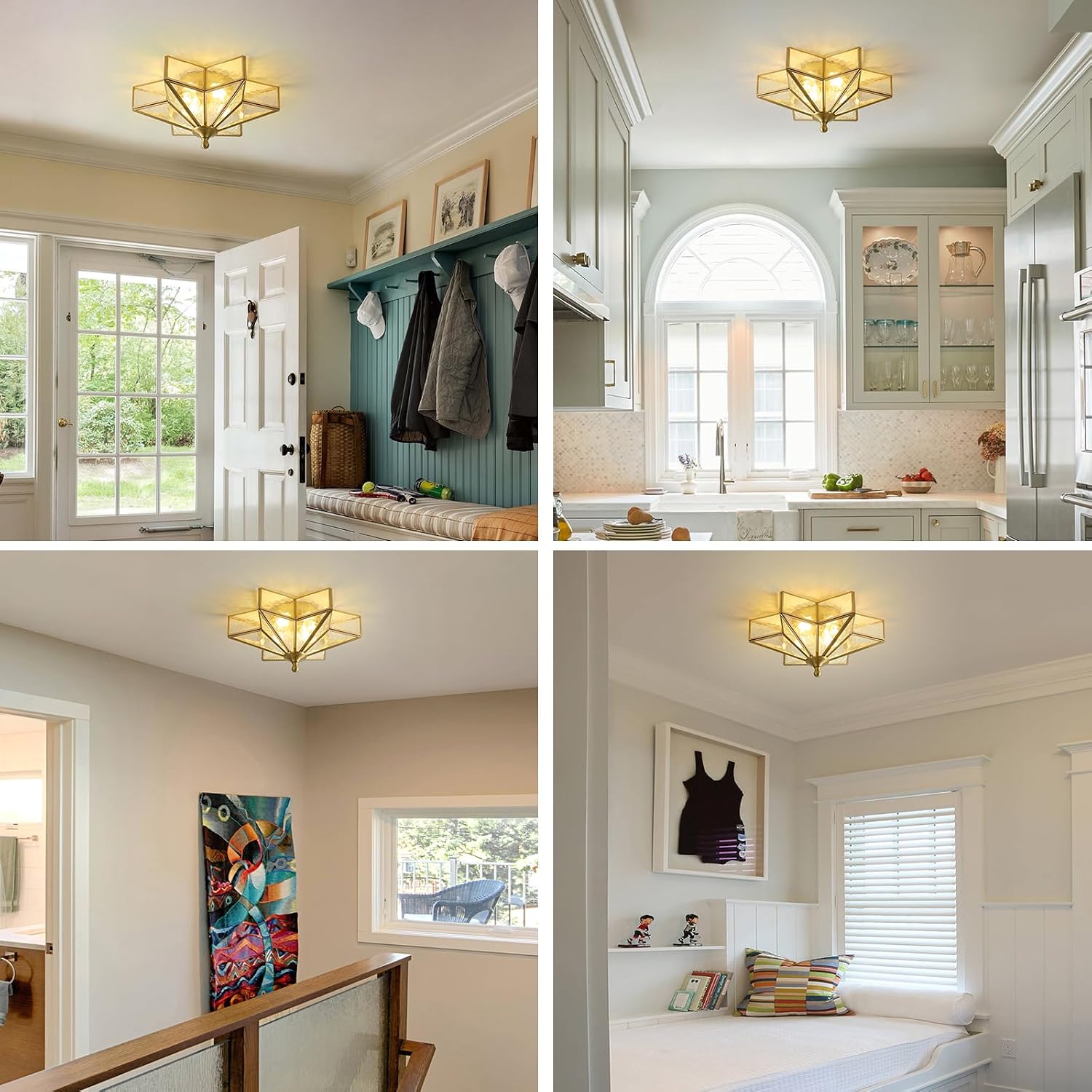 Star Brass Glass Ceiling Light - Small 12 in Gold Hammered Flush Mount Fixture - Unique Art Deco Vintage Modern Lighting Lights for Bedroom Dining Foyer Entryway Hall Hallway Outdoor Porch