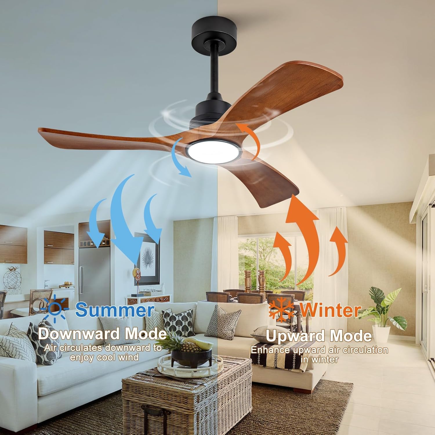 42 inch Ceiling Fans with Lights and Remote Control,Wall Switch,Solid Wood Blades,Dimmable,Reversible Noiseless,Power Off Memory Modern Black Ceiling Fan Indoor/Outdoor for Bedroom Patios