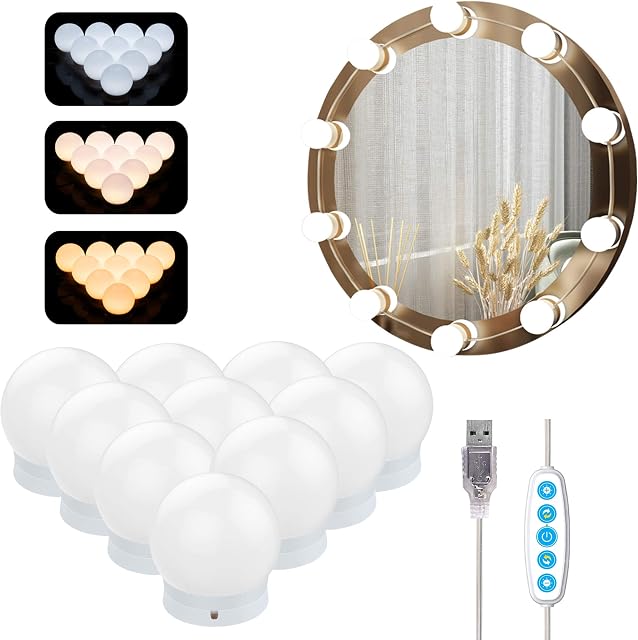 Azhien Mirror Lights with 10 Dimmable LED Bulbs,Hollywood Style Vanity Mirror Lights Kit with 5 Color Modes & 5 Brightness for Make-up and Dressing Mirror(USB Cable,No Mirror and No Adapter)