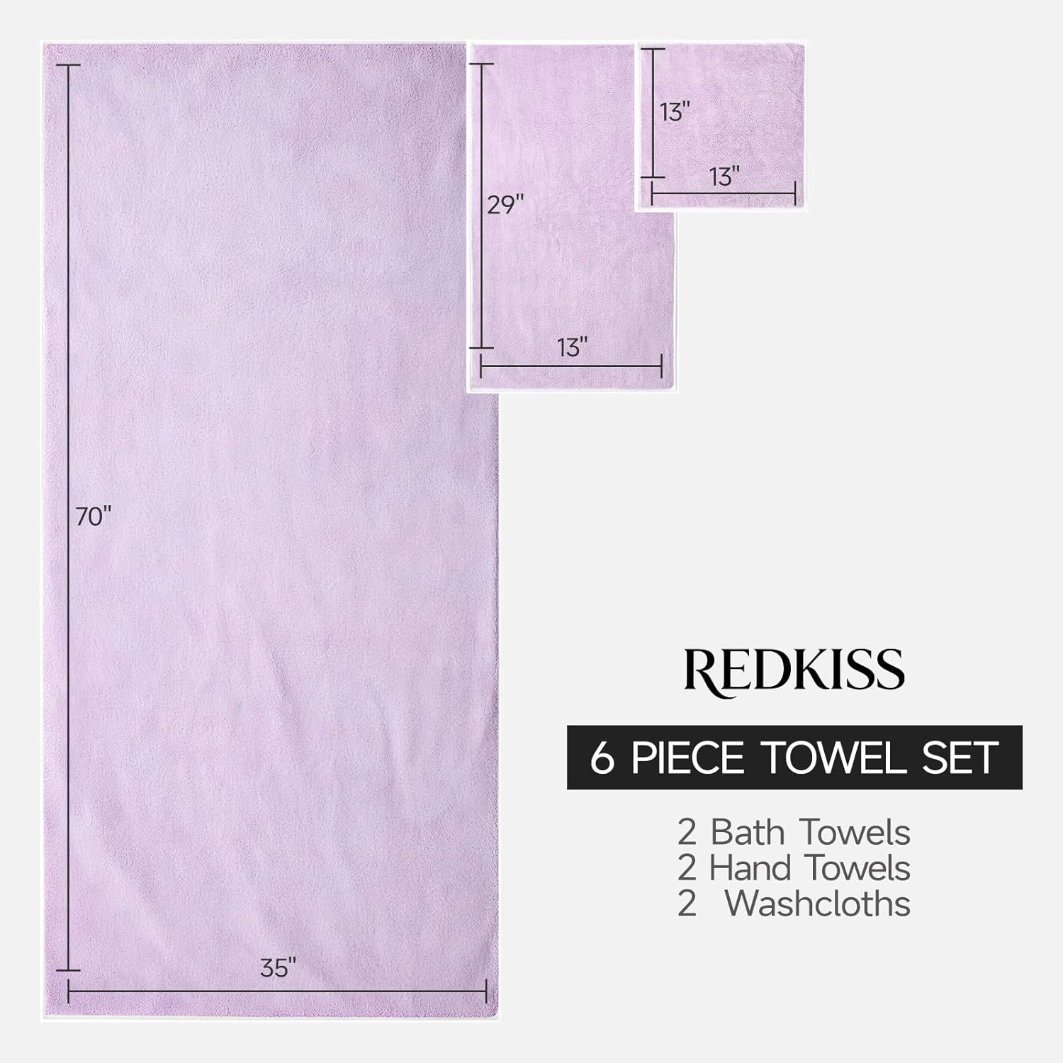 REDKISS Towel Set of 6 - Oversized Bath Sheets (70 x35 in), 670GSM Ultra Soft & Highly Absorbent, Quick Dry Purple Bath Towels Sets for Bathroom, Spa, Hotel, Gym