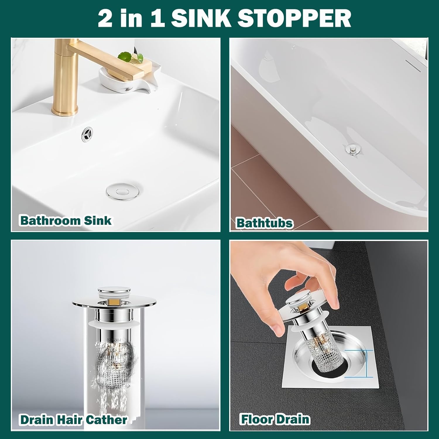 2 Pack Bathroom Sink Stopper Hair Catcher Pop-Up Stainless Steel Drain Strainer with Built-in Filter Basket Home Kitchen