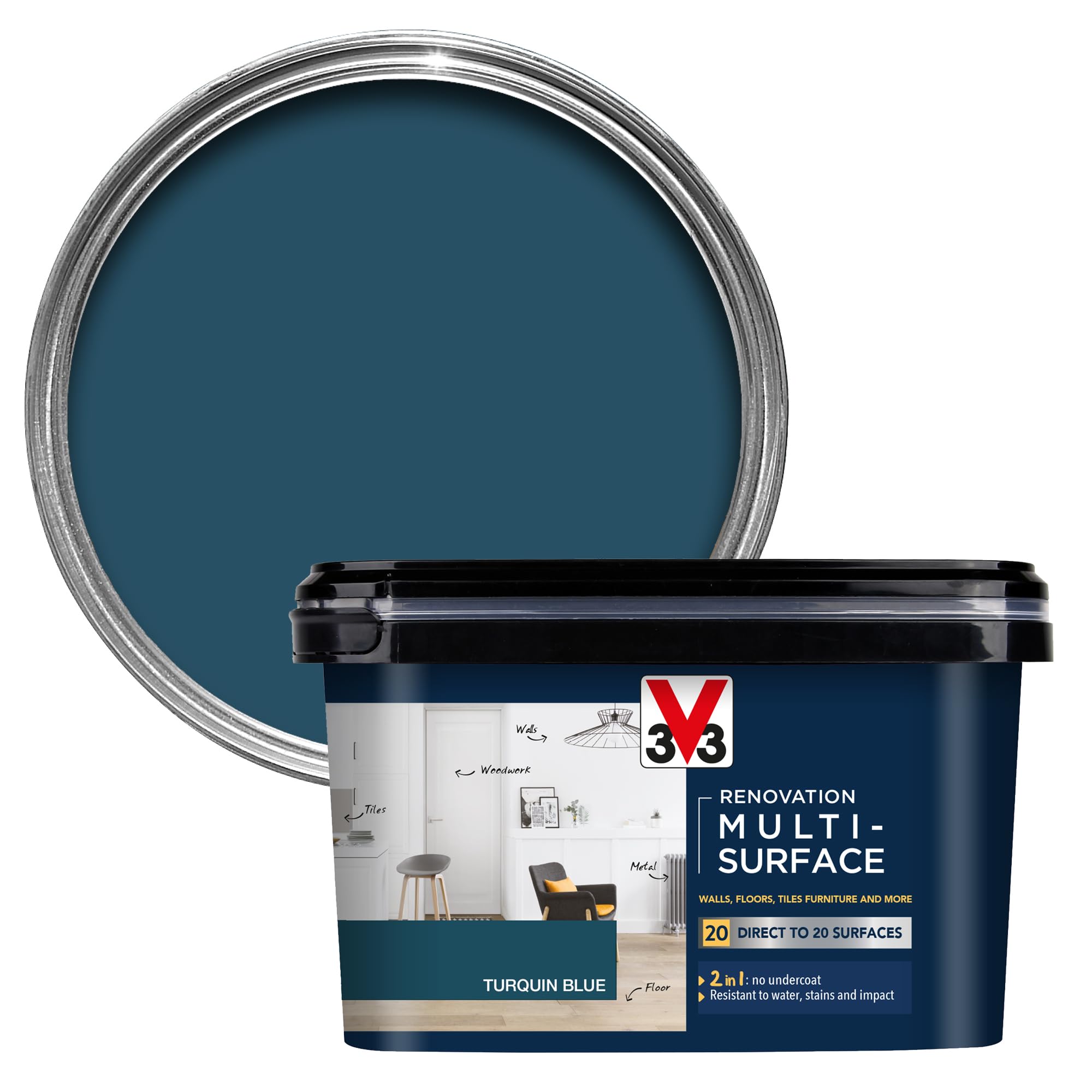 V33 Renovation Multi-Surface Paint - No Undercoat Needed - Over 20 Surfaces - Resistance To Water Stains & Impact - High Coverage - Turquin Blue 2 Litres