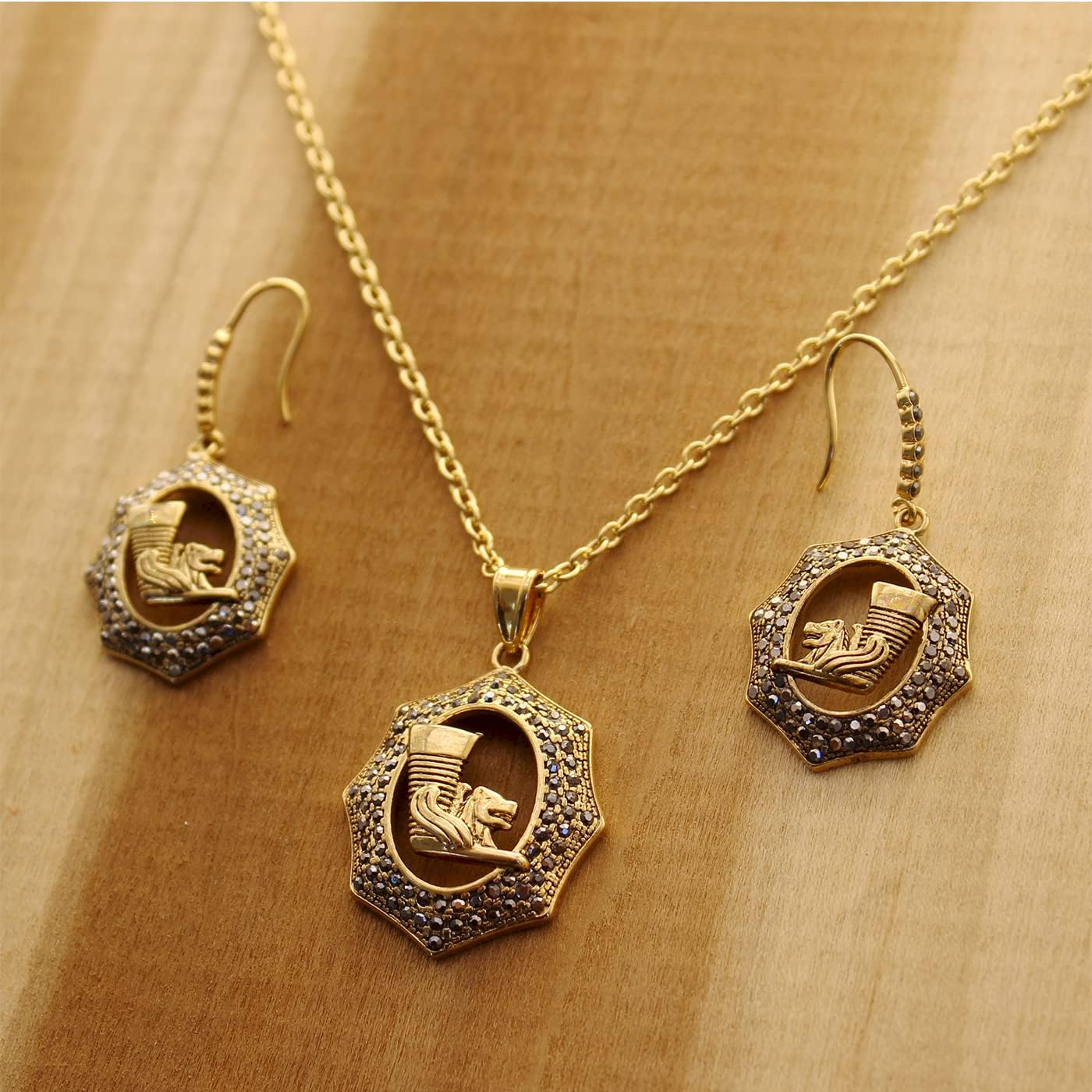 Handmade Iranian Persian Rhyton Winged Lion Necklace Earrings Set