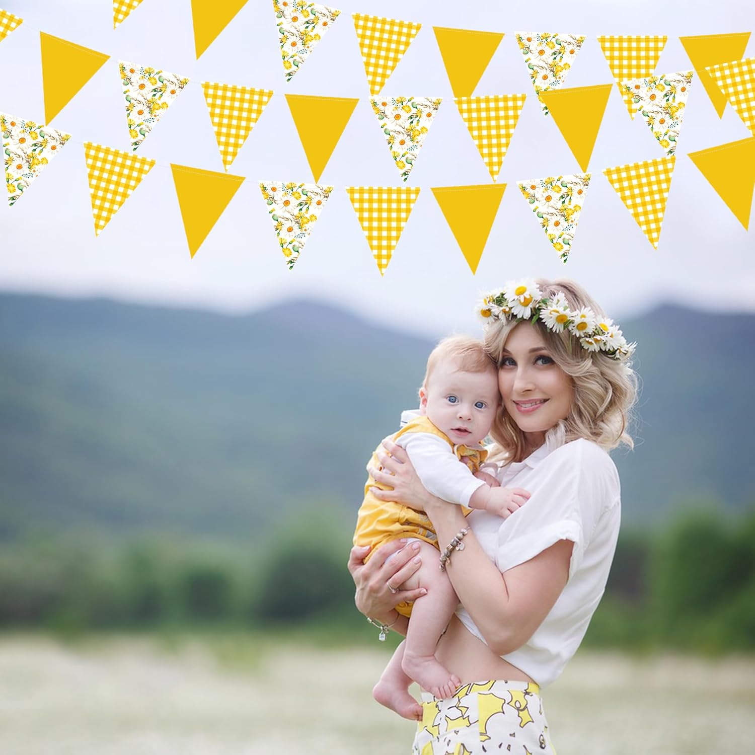 44Ft Daisy Party Decoration Yellow Buffalo Plaid Floral Daisy Banner Bunting Hanging Paper Triangle Garland for Spring Birthday Wedding Bridal Shower Engagement Bachelorette Baby Shower Party Supplies - Image 6