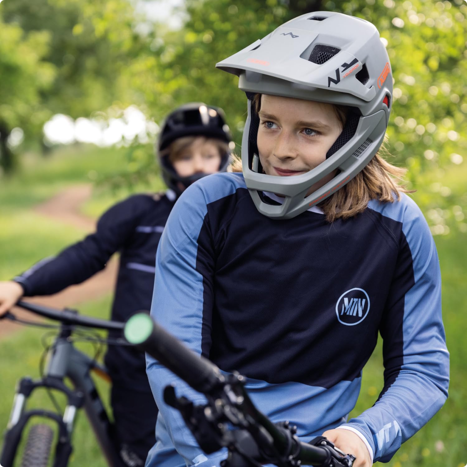 ABUS YouDrop FF - Casco de Bicicleta de montaña para niños y jóvenes, para iniciar el Ciclismo de montaña, con Protector de Barbilla extraíble, Color Negro, Talla S
