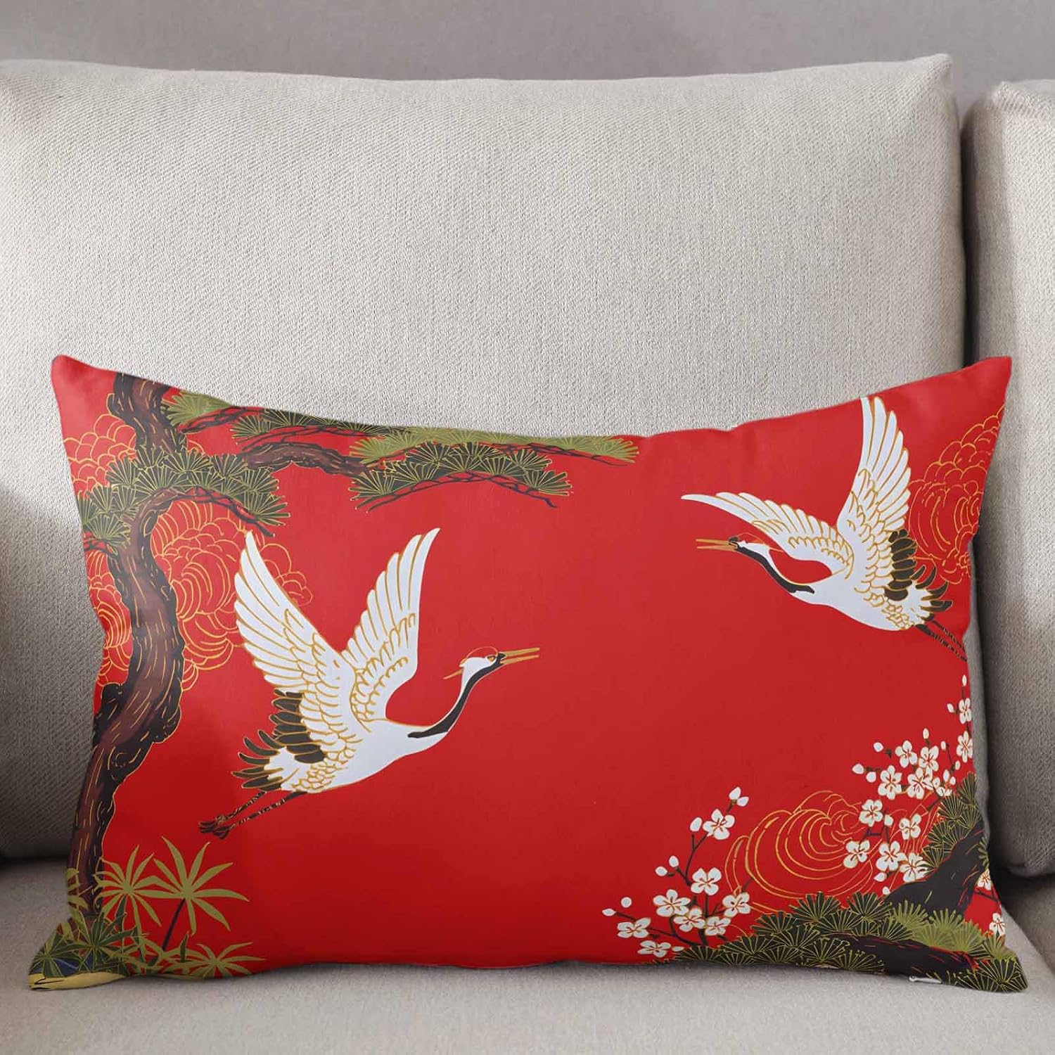 Pillow Covers 24x36 Inch - Body Japanese Retro Crane Pine and Cherry Blossoms Red Soft Brushed Microfiber Pillowcases with Hidden Zipper Closure Bed Pillow Shams for Bedroom Sofa Car
