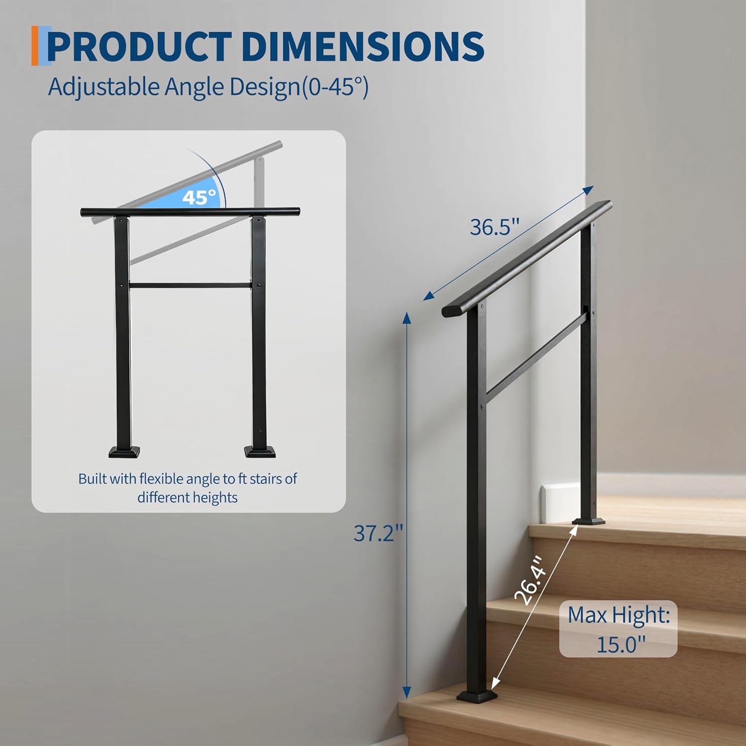 IDEALHOUSE 4 Step Outdoor Stair Handrail Kit, Black Aluminum & Iron Construction for Porch Steps, Easy Tool-Assembly Safety Railing, All Hardware & Gloves Included (1 Pack)