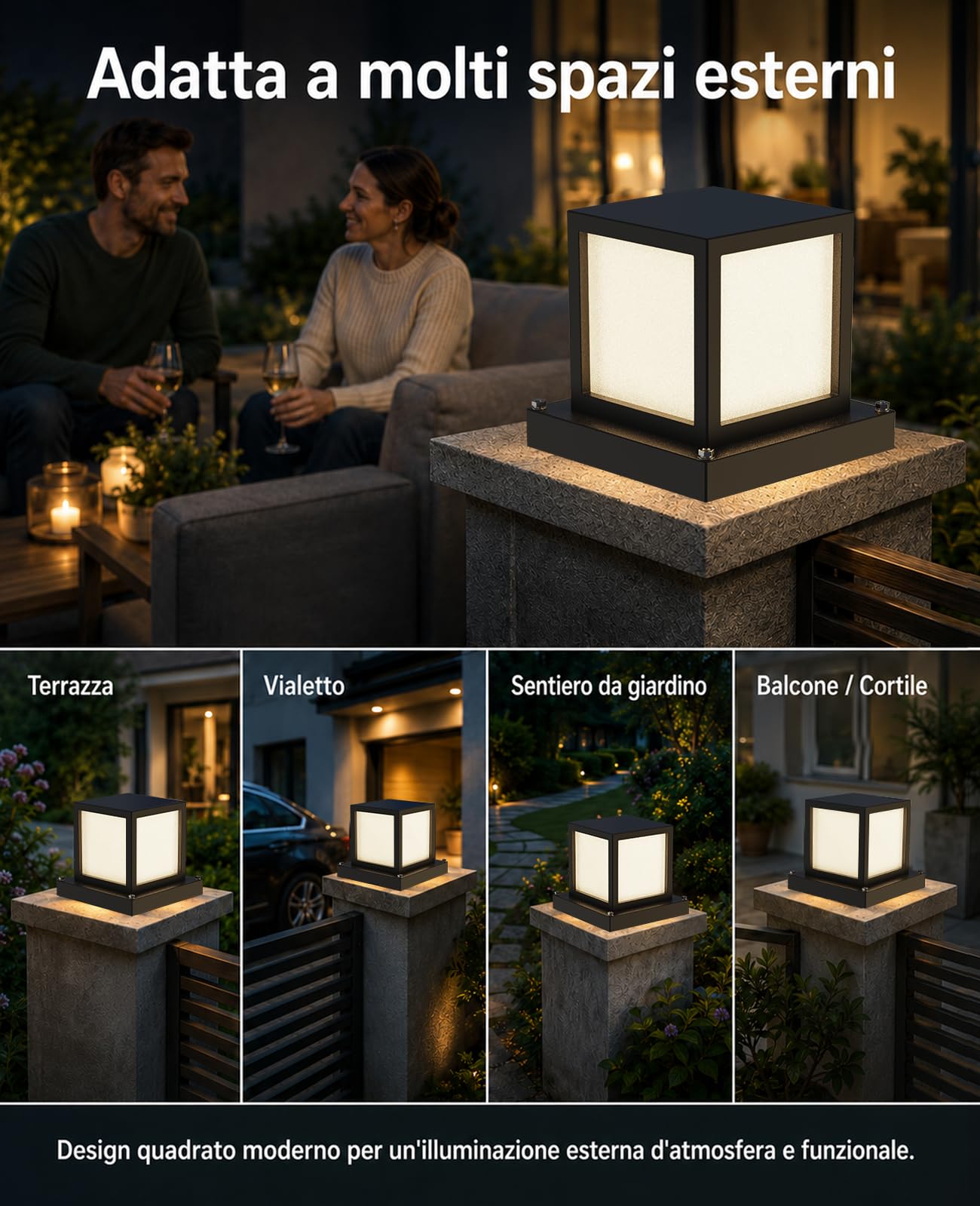 Lampioncino da Giardino Esterno E27 3000K Nero | LED 12W Lampada da Pilastro Esterno, Struttura in Metallo, 23 × 23 × 20 cm, per Vialetti, Patio e Terrazza
