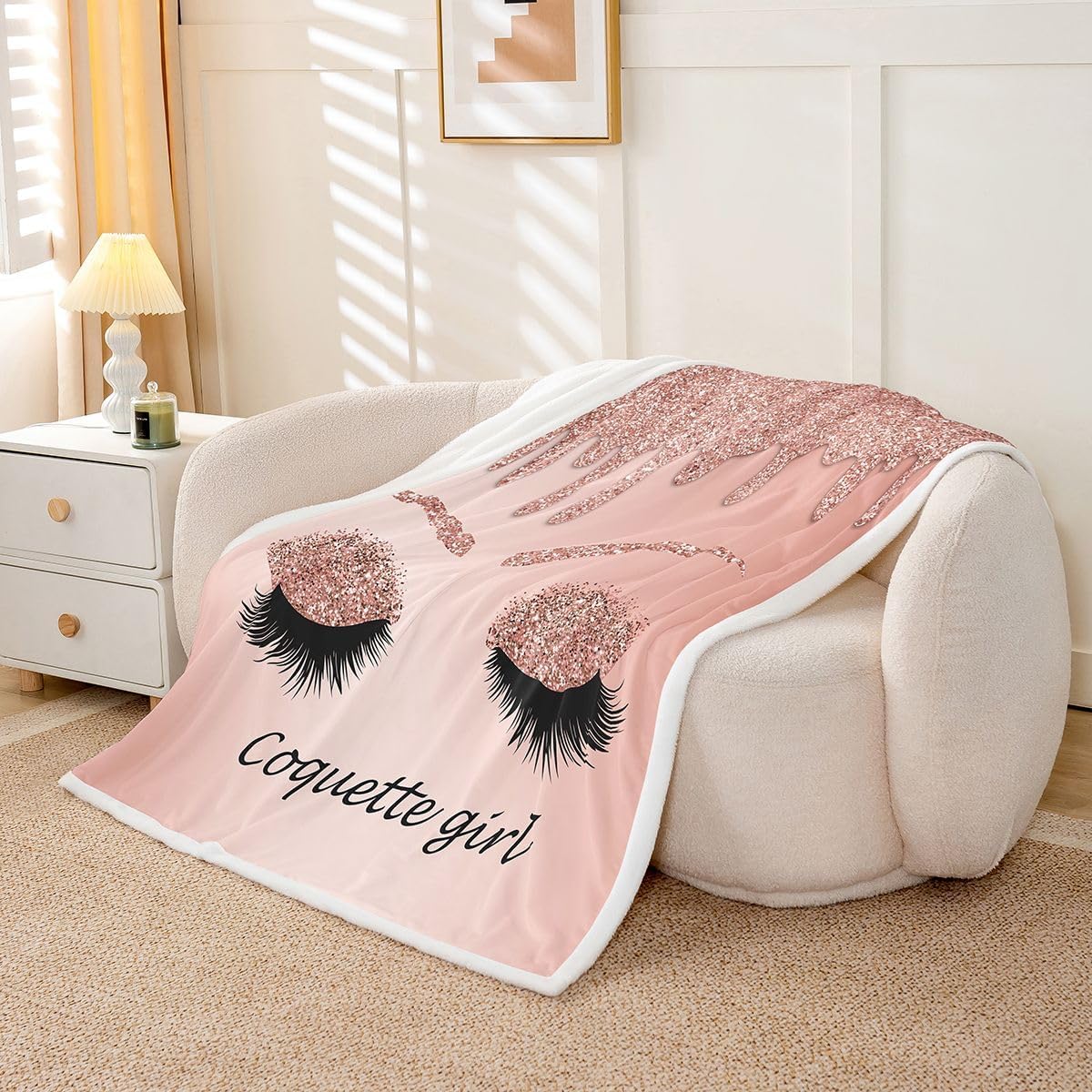 Erosebridal Eyelash Fleece Blanket Baby 30"X40" Gorgeous Makeup Girly Throw Blanket for Girls Women Rose Gold Bedroom Decor,Glitter Sequins Stars Sherpa Blanket Stylish Fashion Flannel Blanket