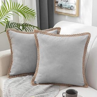 MERNETTE Pack of 2, Burlap Linen Farmhouse Decorative Square Throw Pillow Cover Cushion Covers Pillowcase, Home Decor Decorations For Sofa Couch Bed Chair 16x16 Inch/40x40 cm (Light Grey)