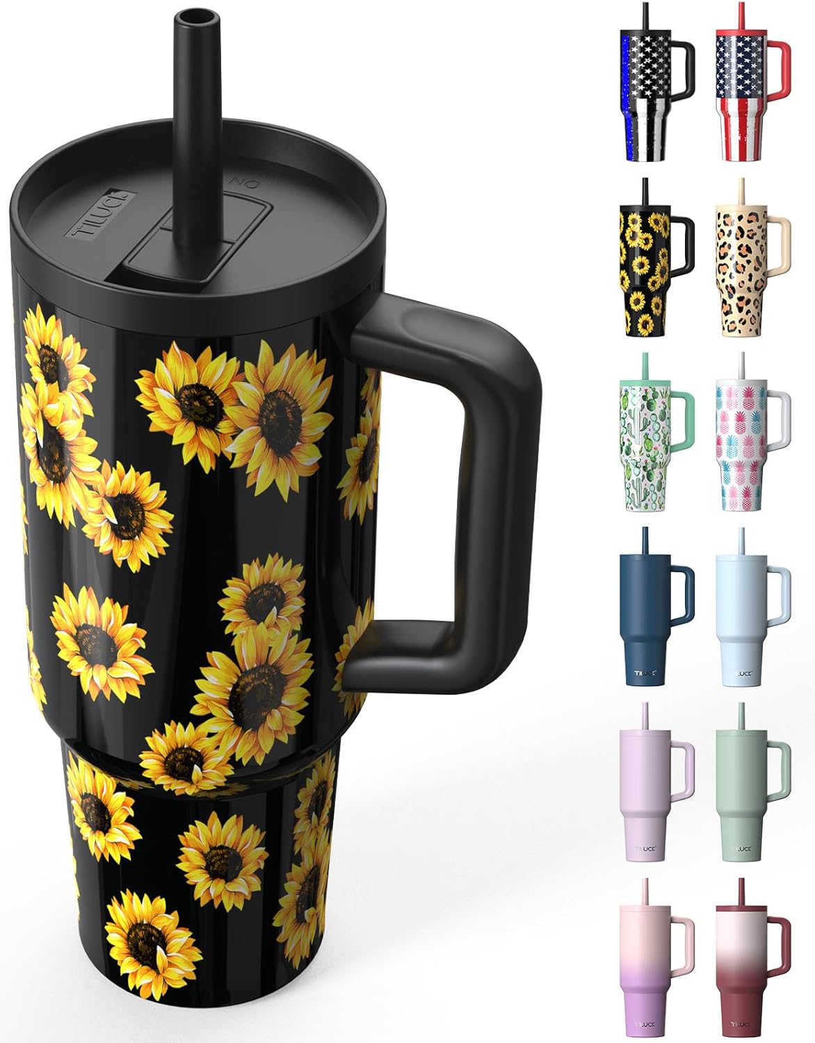 TILUCK 40 oz Tumbler with Handle, Vacuum Insulated Stainless Steel Travel Mug with 100% Leak-Proof Silicone Straw Lid, Cupholder Friendly Water Bottle(SunFlower, 40oz) - Amazon product rated Grade B