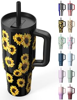 TILUCK 40 oz Tumbler with Handle, Vacuum Insulated Stainless Steel Travel Mug with 100% Leak-Proof Silicone Straw Lid, Cupholder Friendly Water Bottle(SunFlower, 40oz) - Amazon product rated Grade A