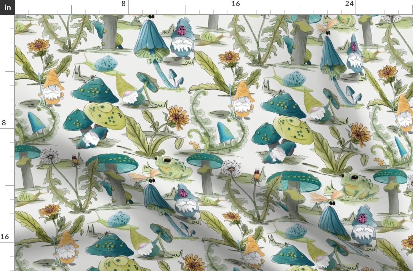 Spoonflower Fabric - Gnome Garden Green Blue Plants Kids Gnomes Printed on Organic Cotton Sateen Fabric by The Yard - Sewing Quilting Apparel Home Decor