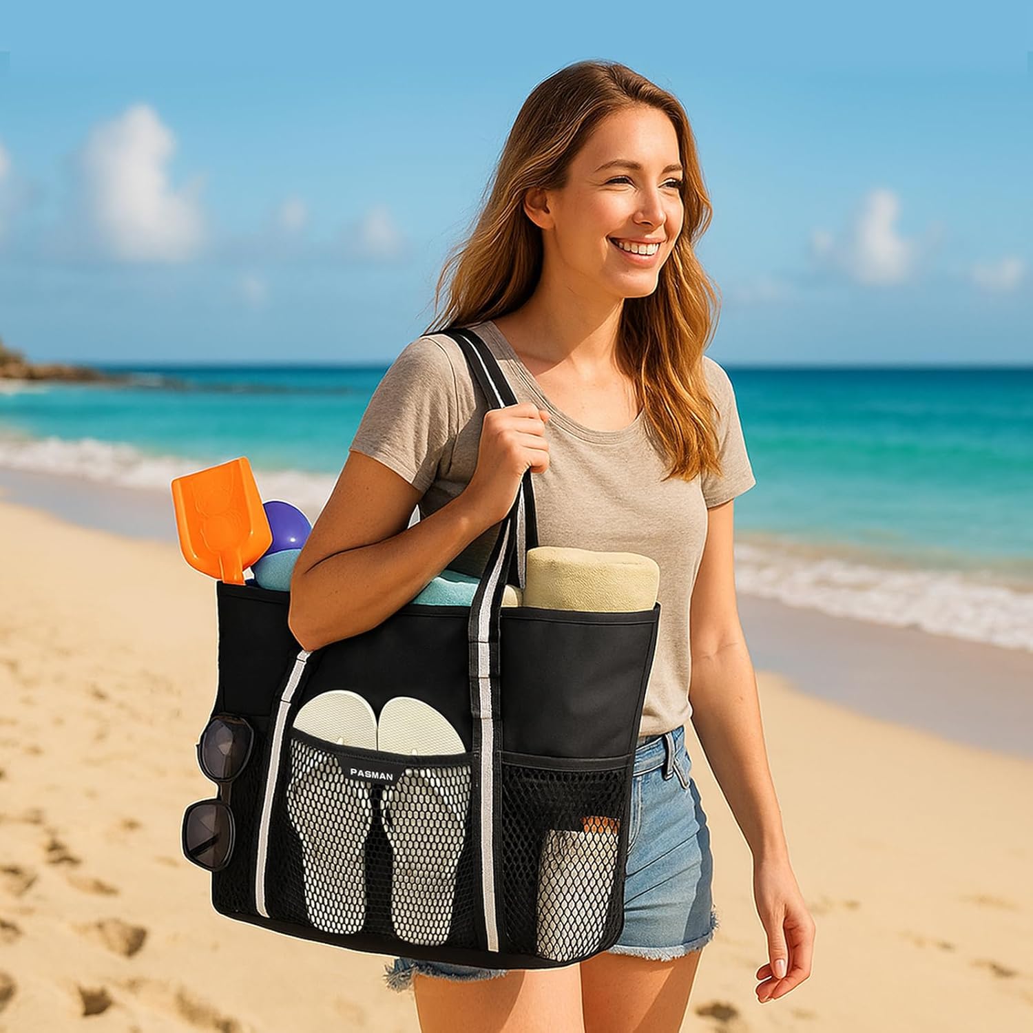 Large Beach Bag with Zipper-8 Pockets Sandproof Beach Tote Bag for Women,Foldable Lightweight Family Swim Bag Vacation - Image 4