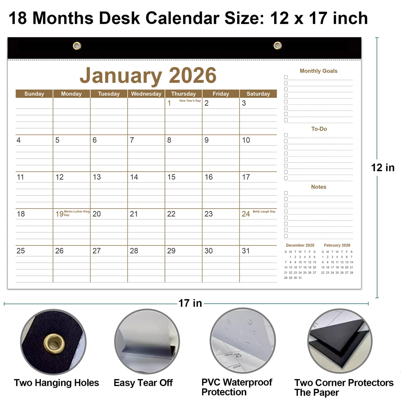 Tischkalender 2026-2027 - 12 Monate Kalender von Juli 2026 bis Juni 2027, Tischkalender 2026-2027 mit dickem Papier, 30,5 x 43,2 cm, Braun