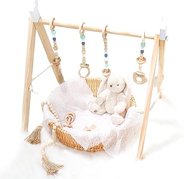 Gymnase En Bois Pour Bebe Avec 4 Jouets De Dentition En Bois Stable Et Pliable Cadre De Gym En Bois A Suspendre Barre De Gymnastique A Offrir Pour Nouveau Ne Amazon Ca Bebe