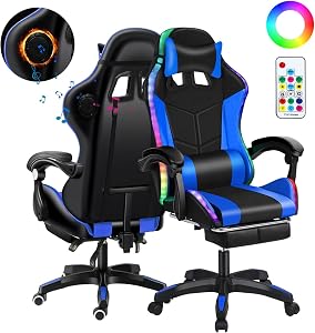 Reheyre Ergonomic Gaming Chair with Speakers & RGB LED Lights, Adjustable Height Massage Gamer Chair, High Back Computer Chair with Retractable Footrest & Lumbar Support for 400LBS Black Blue