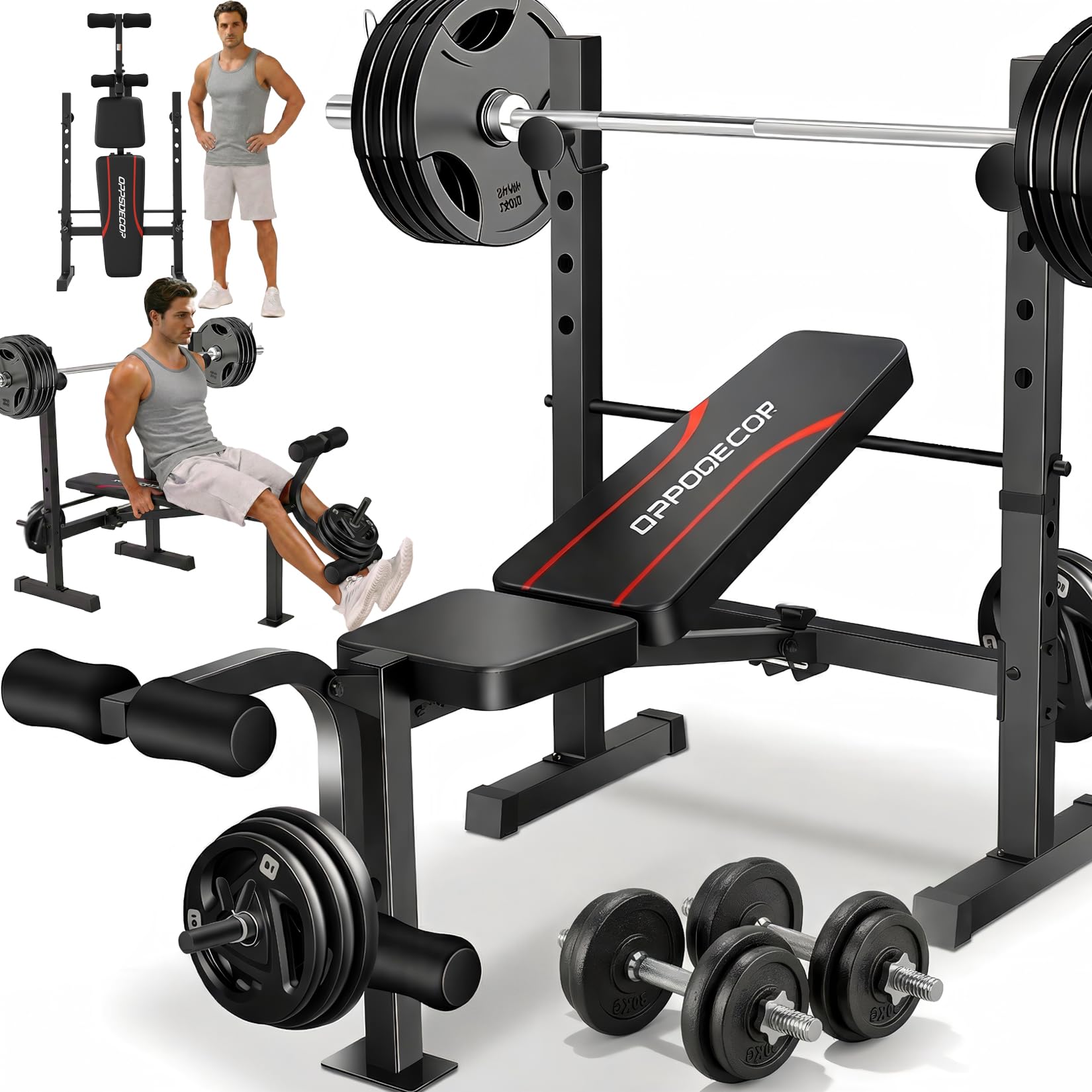 Adjustable Weight Bench Set with Squat Rack, 3 Sec Folding Workout Bench for Full Body Exercise, 600LBS All-in-One Bench Press with Leg Curl & Leg Extension, Incline Decline Flat Home Gym Bench for Teens Adults
