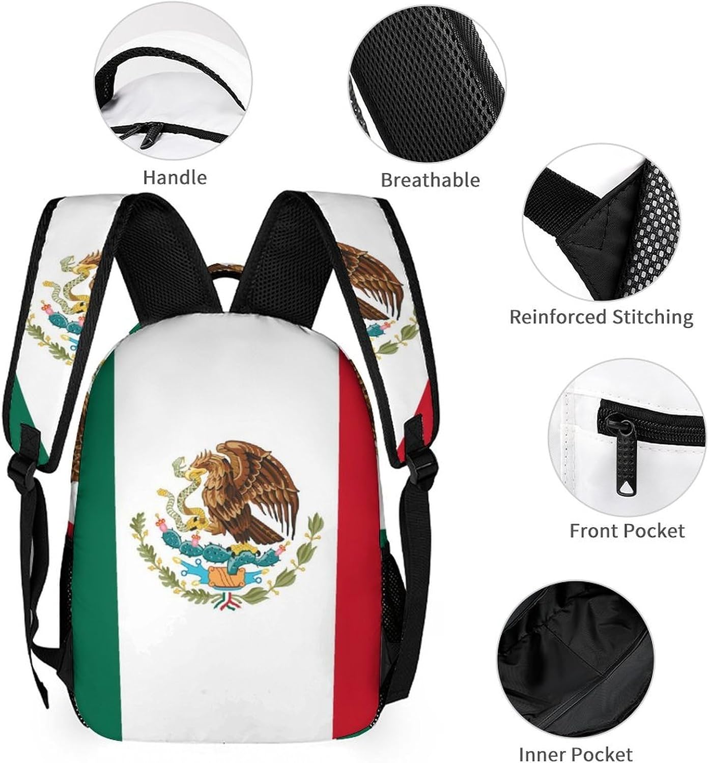 Bookbag Set with Lunch Box Makeup Bag Backpack Set Mexican Mexico Flag Lunch Box and Storage Bag Bookbag Daypack
