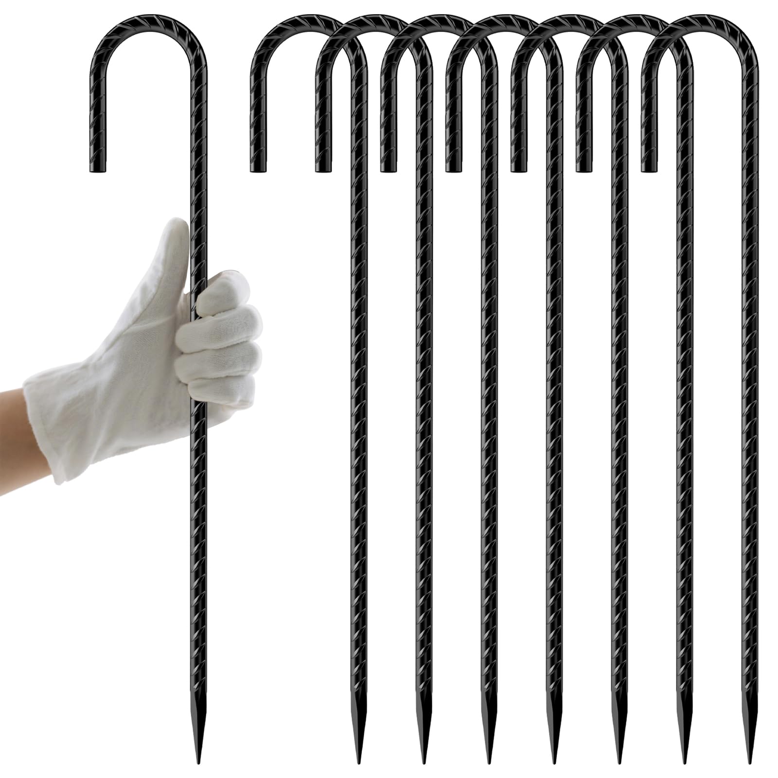 AAGUT Rebar Stakes 12 Inch 8 Pack, J Hook Premium Black Coated Ground Garden Anchors Heavy Duty, Superior Rust Resistance Chain Link Fence Stakes for Camping Tent, Inflatables, Lawn Decor-image-18
