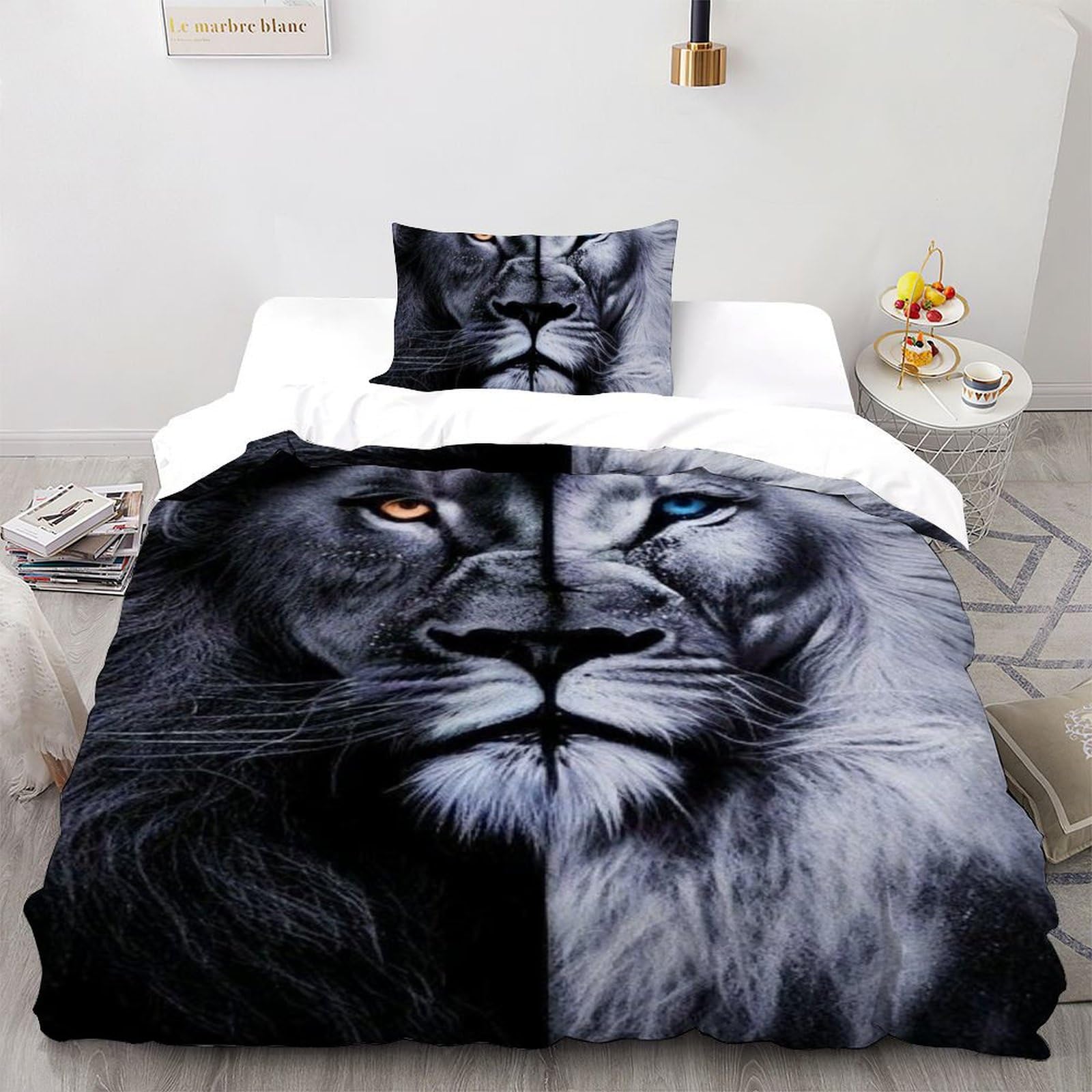 Housse de couette lion double face imprimé 3D avec taie d'oreiller 135x200cm