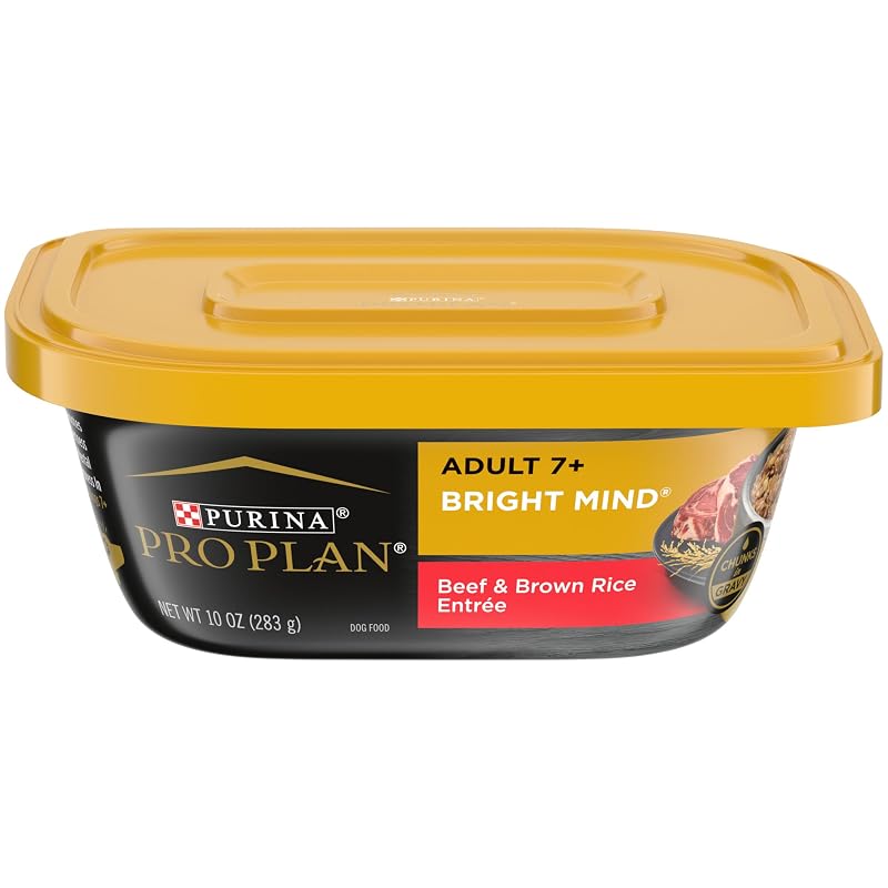 Ração úmida para cães idosos Purina Pro Plan Bright Mind Beef & Brown Rice, Pacote com 8 potes de 283 g