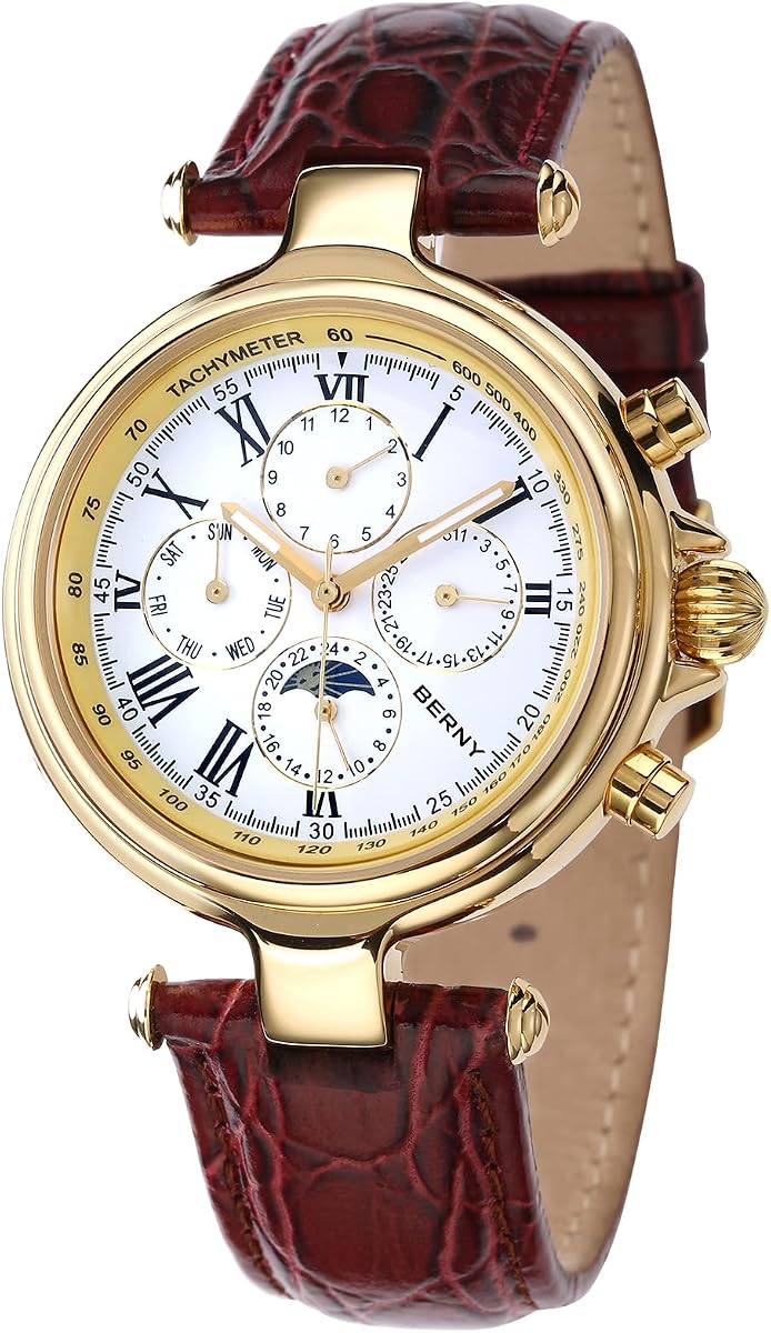 BERNY Automatic Watch for Men Mechanical Self Winding Wristwatch 3ATM Waterproof Multi-Functional Dial Mineral Glass Scratch Resistant Super Luminous