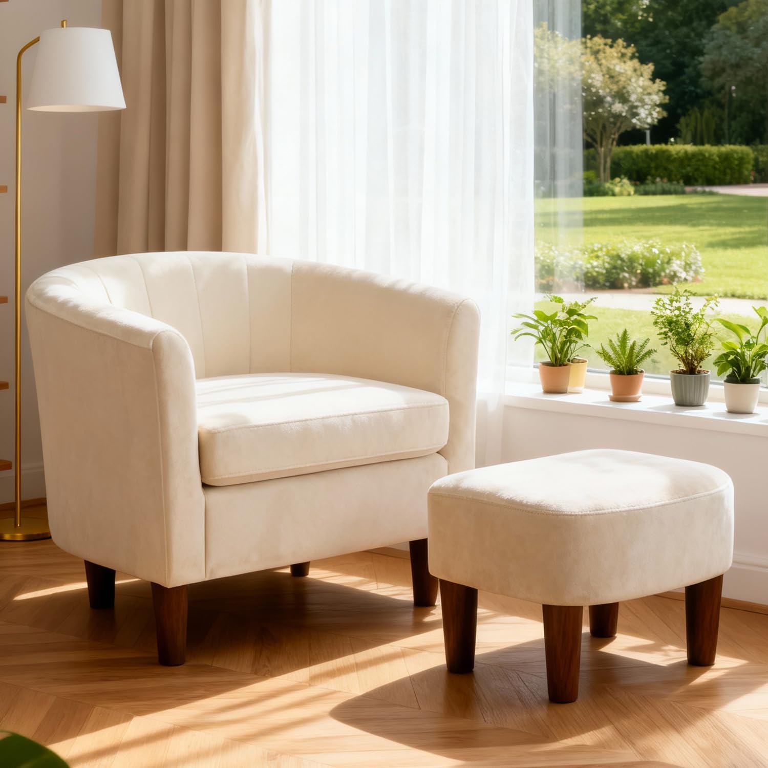 PayLessHere Velvet Barrel Accent Chair with Ottoman, Modern Armchair and Ottoman Set, Cozy Reading Chair for Living Room Bedroom Apartment, Upholstered Lounge Chair with Footrest, Beige