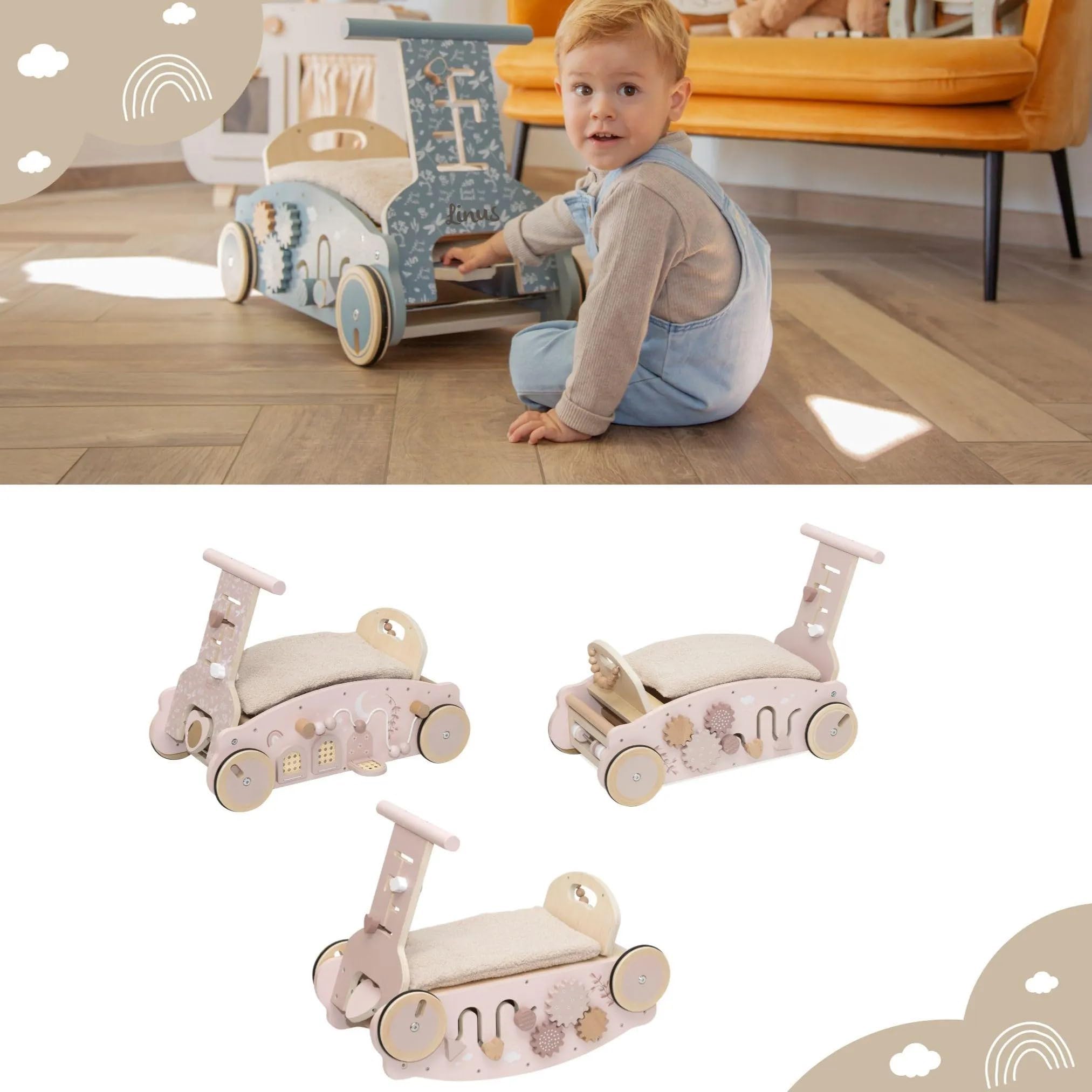 3in1 Lauflernwagen aus Holz personalisiert Olive – Lauflernhilfe, Rutscheauto & Wippe in einem – Montessori Motorikspiel – Stabiler Baby Schiebewagen für erste Schritte – Geschenk zum 1. Geburtstag