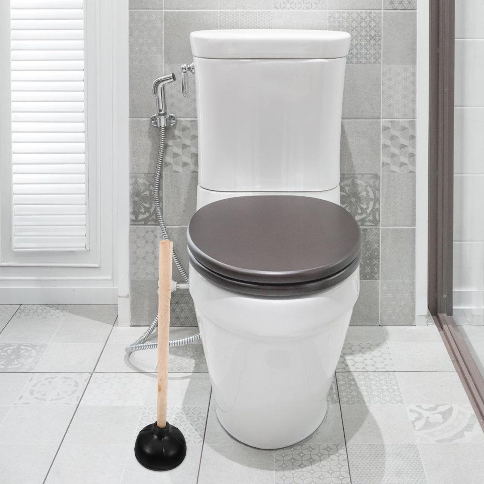 MERRYHAPY Desatascador de Tuberías Émbolo de Goma Natural Doble y Mango de Madera para Cocina y Baño Herramienta Antiobstrucción para Lavabo y WC