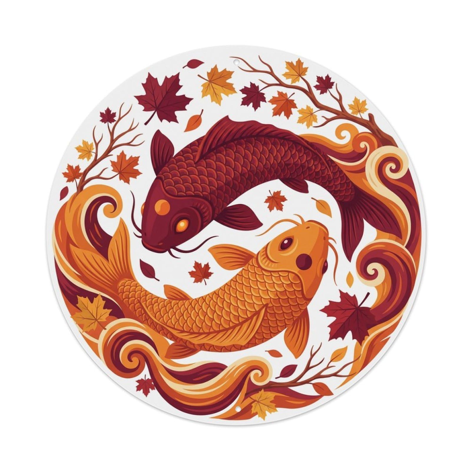 Metal Tin Sign Tai Chi Koi Fish Maple Leaf Red