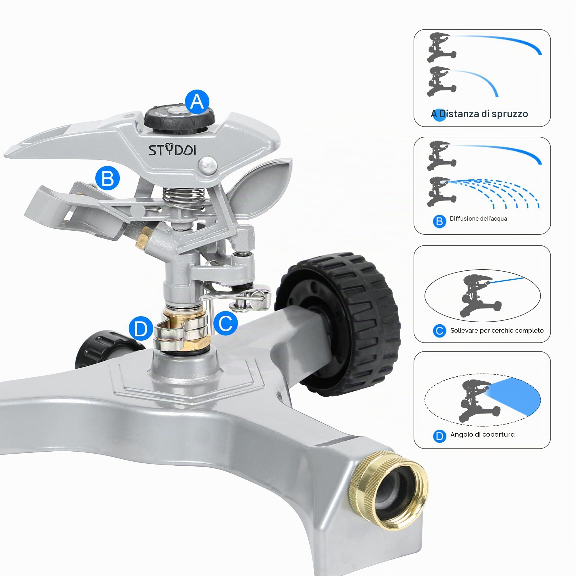 STYDDI Irrigatore pulsante in metallo su base con ruote in metallo in-serie, irrigatore circolare regolabile per prato circolare di medie e grandi dimensioni, cortile, giardino e grandi aree