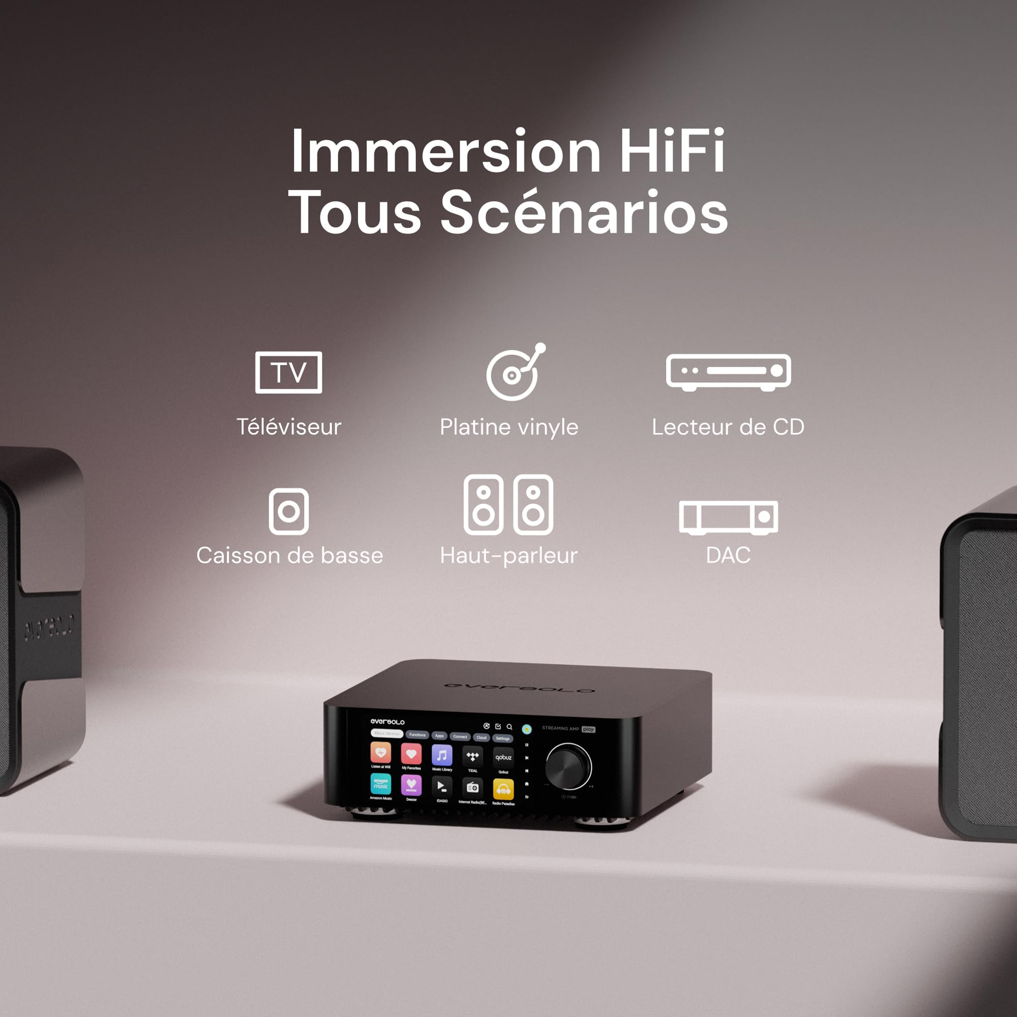 EVERSOLO Play Lecteur de Musique Tout-en-Un avec Amplificateur | Écran Tactile de 5,5 Pouces, Prise en Charge Multiroom et Correction de Pièce, Diffusion Tidal, Qobuz et Plus | Noir(Édition Standard)