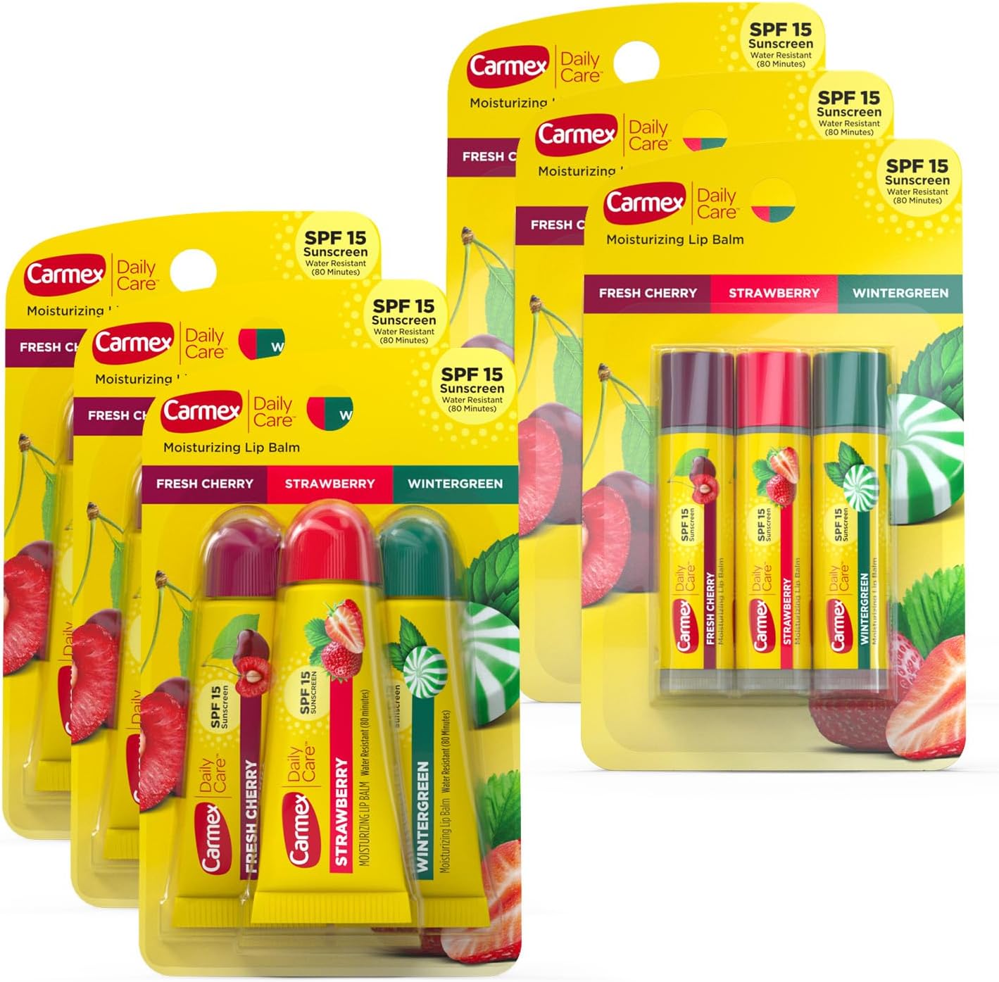Carmex Daily Care Moisturizing Lip Balm with SPF 15, Multi-Flavor Lip Balm Pack, 18 Count (9 Tubes, 9 Sticks)