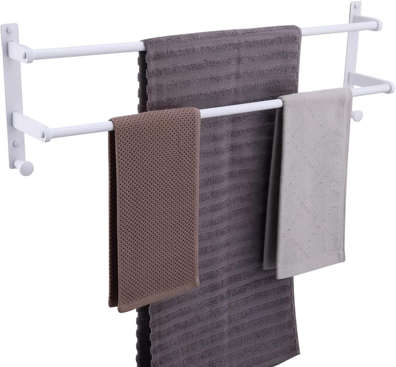 White Double Towel Bar with Hooks, 30 Inch Wall Mounted Long Towel Rack - Stainless Steel Bathroom Towel Holder