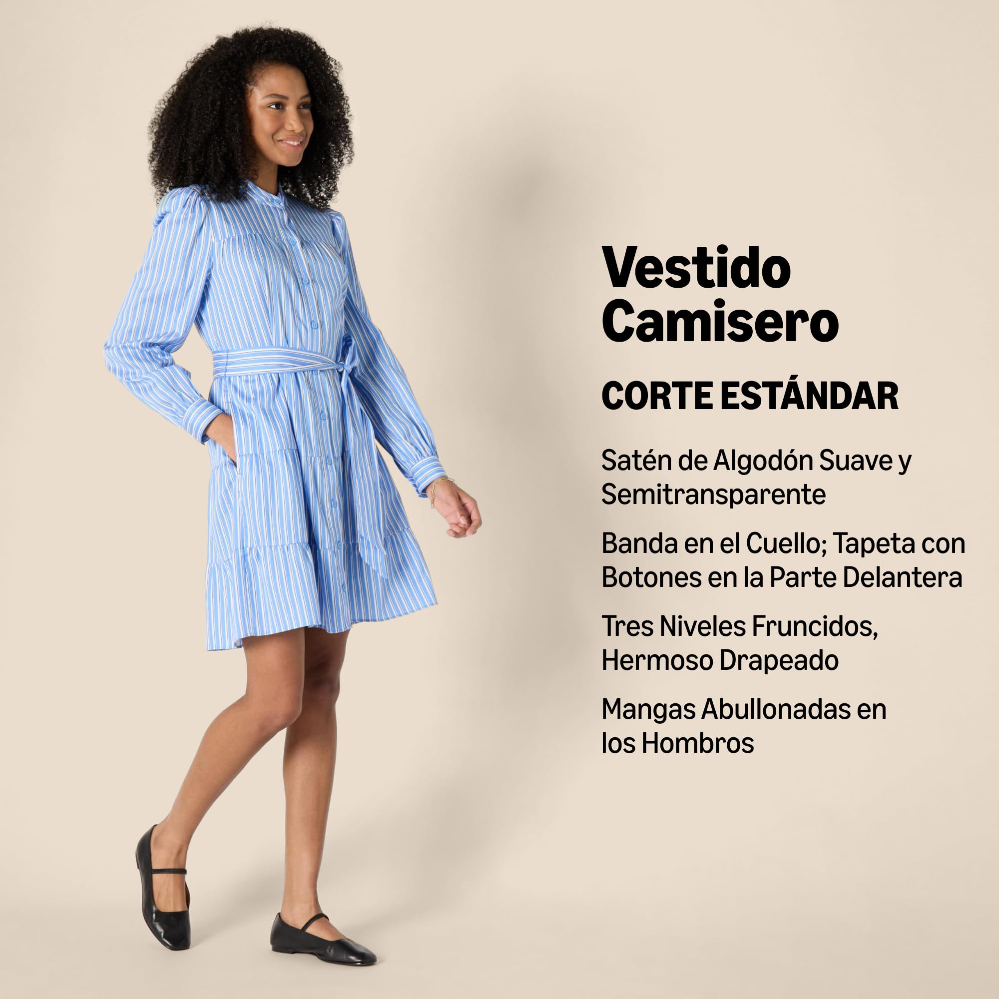 Amazon Essentials Mujer Vestido Camisero Escalonado de Satén de Algodón de Corte Recto