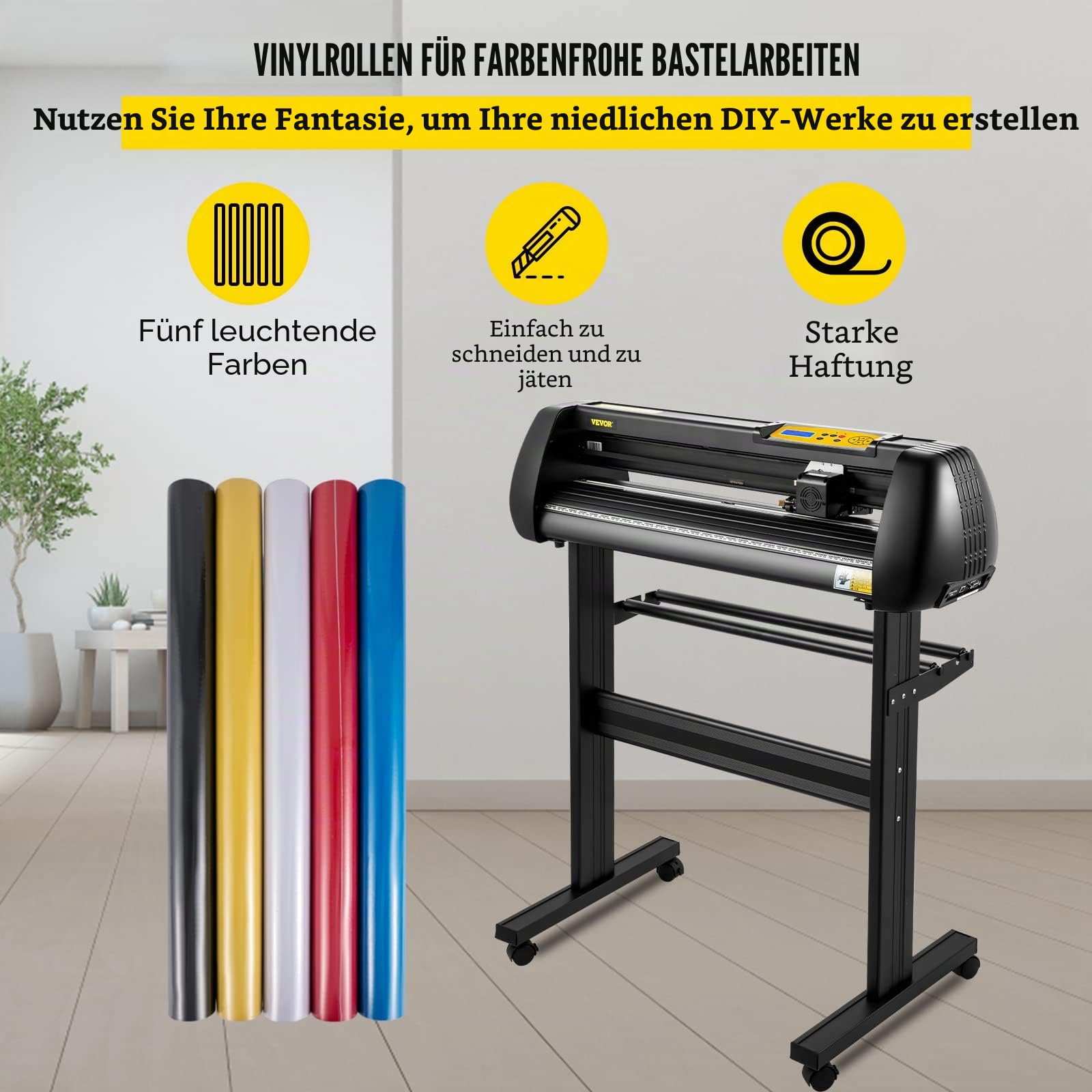 VEVOR Vinyl Schneidemaschine Schneideplotter 720 mm SignMaster Bodenständer, Schnittkraft 10-500 g, Schrittmotor, fünf Vinylrollen, 16 MB, 13,5 kg, Schwarz, 95 x 52 106 cm